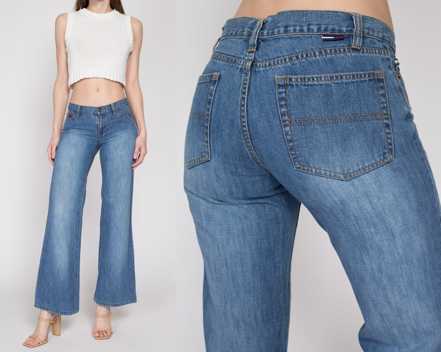 Small Y2K Tommy Hilfiger Low Rise Jeans | Vintage Faded Denim Wide Leg Bootcut Flared Jeans