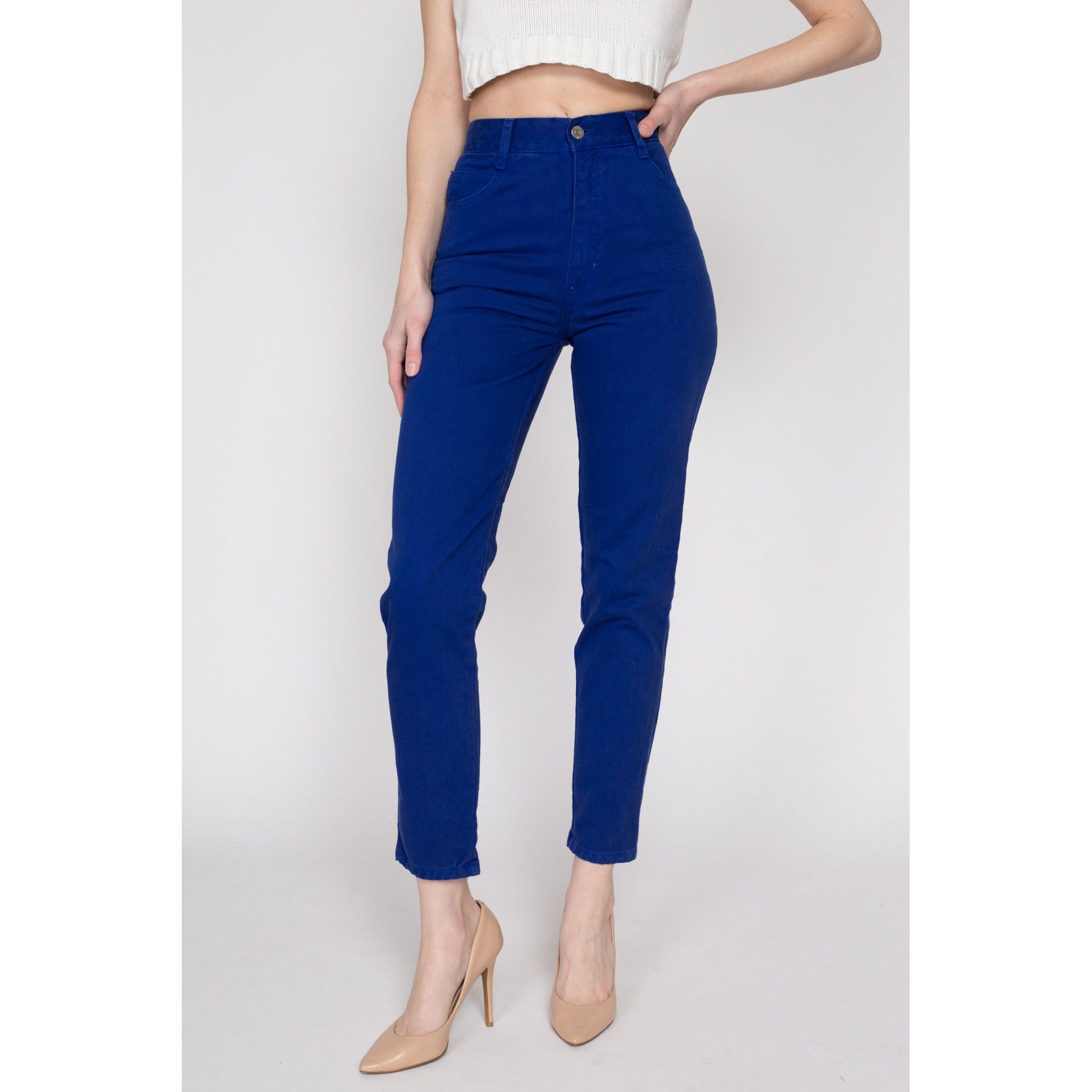 XS 90s Royal Blue High Waisted Jeans 24" | Vintage Denim Slim Skinny Tapered Leg Mom Jeans