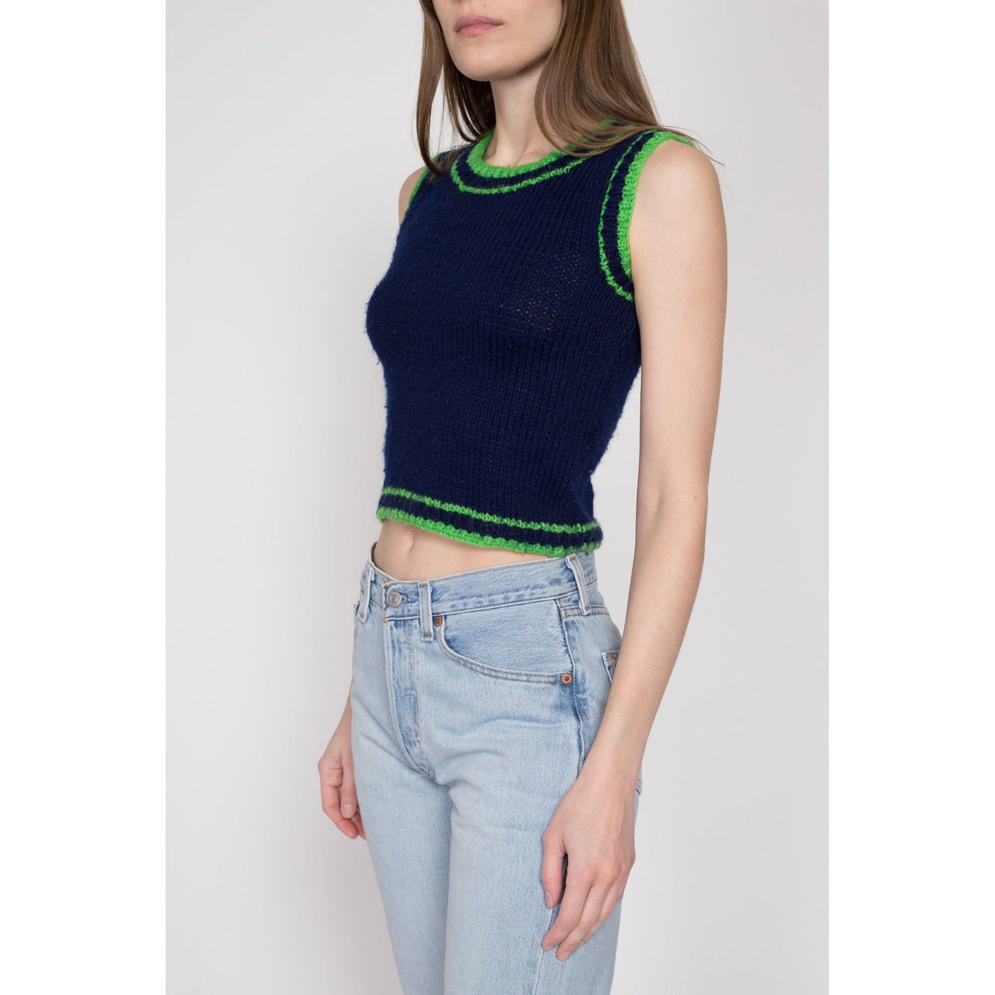 Small 70s Navy Ringer Knit Crop Top | Vintage Cropped Sleeveless Sweater Vest