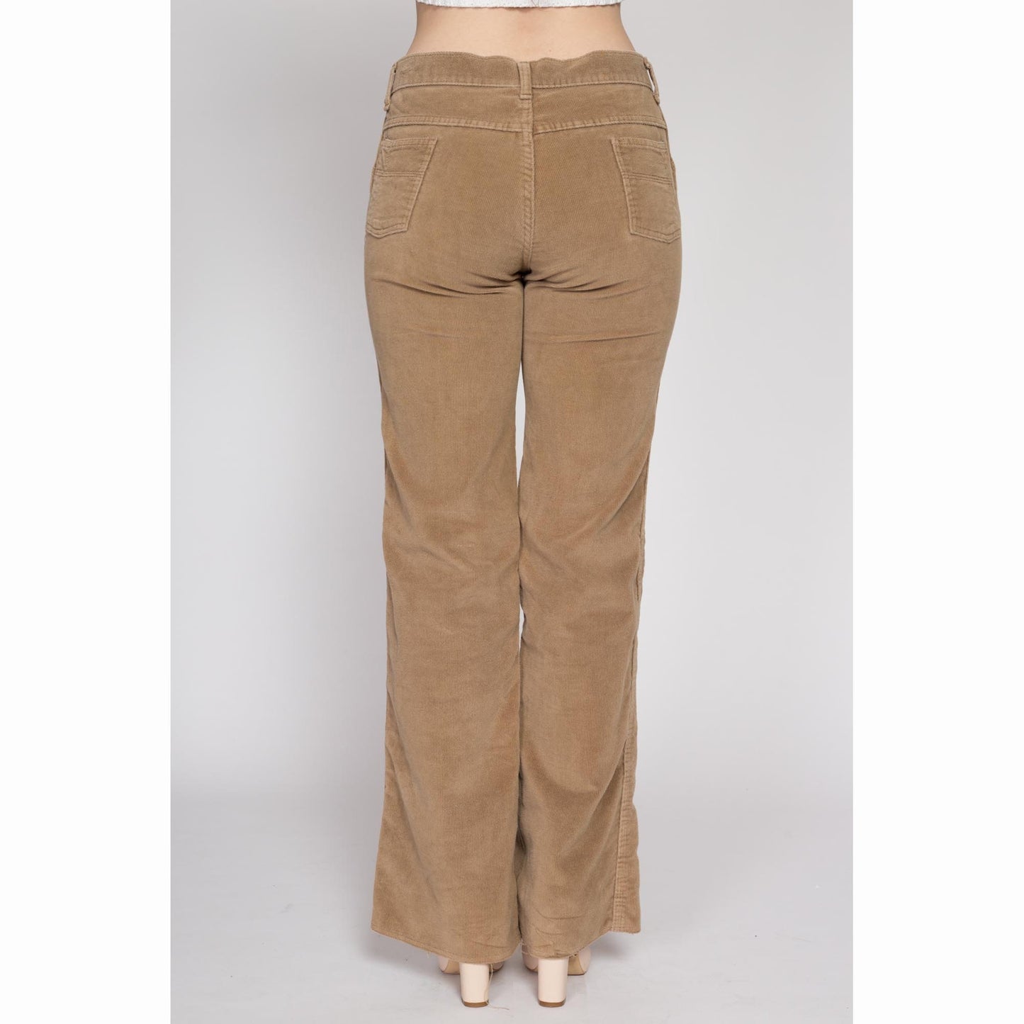 Medium 70s Tan Corduroy Mid Rise Flared Pants | Vintage Cords Retro Flared Hippie Trousers