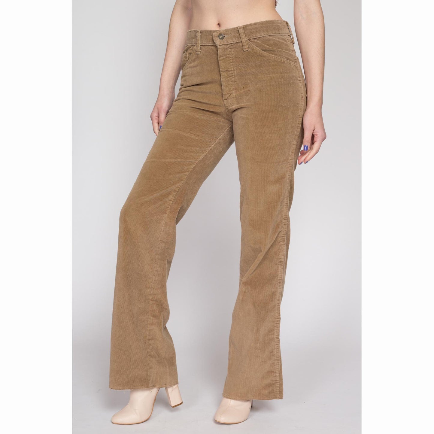 Medium 70s Tan Corduroy Mid Rise Flared Pants | Vintage Cords Retro Flared Hippie Trousers