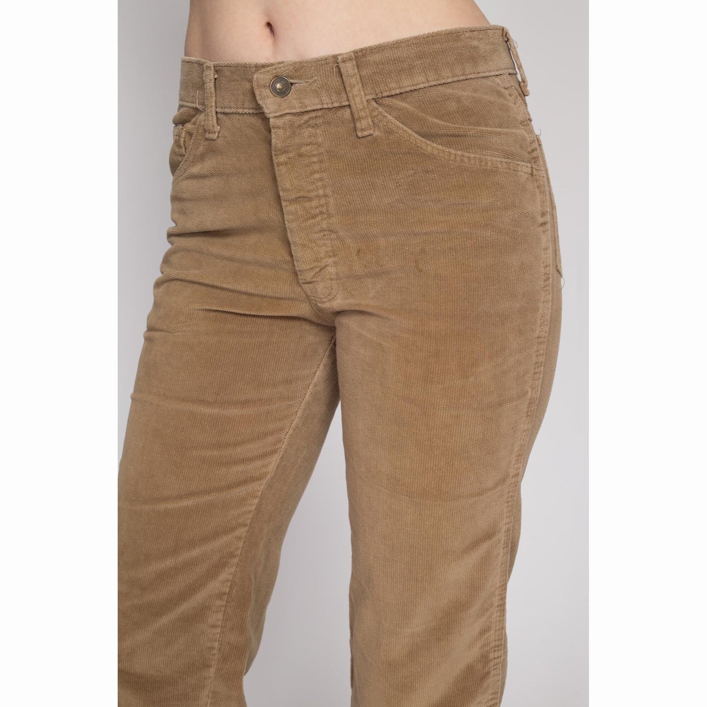 Medium 70s Tan Corduroy Mid Rise Flared Pants | Vintage Cords Retro Flared Hippie Trousers