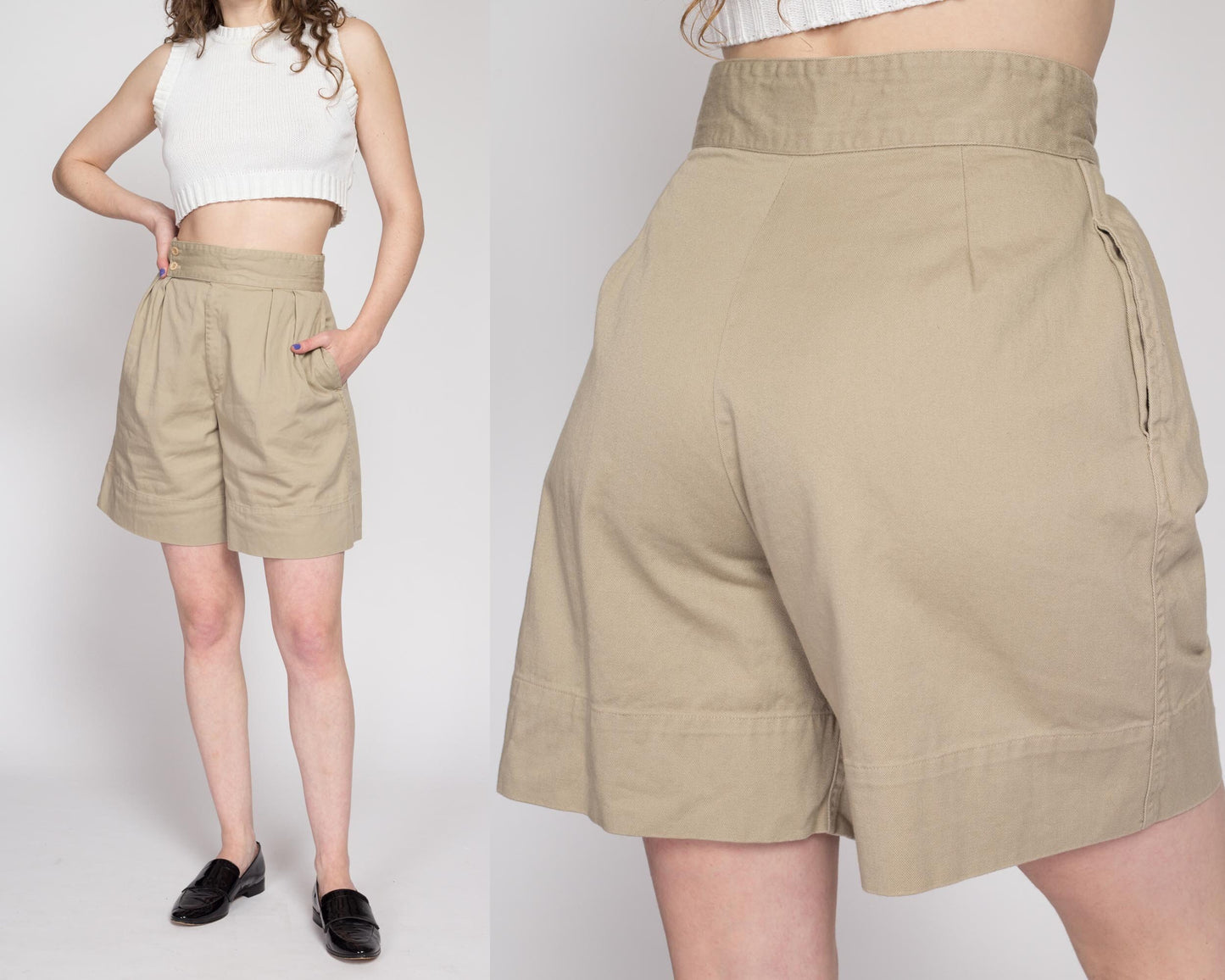 Sm-Med 80s Khaki Pleated Shorts 27" | Vintage High Waisted Curvy Fit Mom Shorts