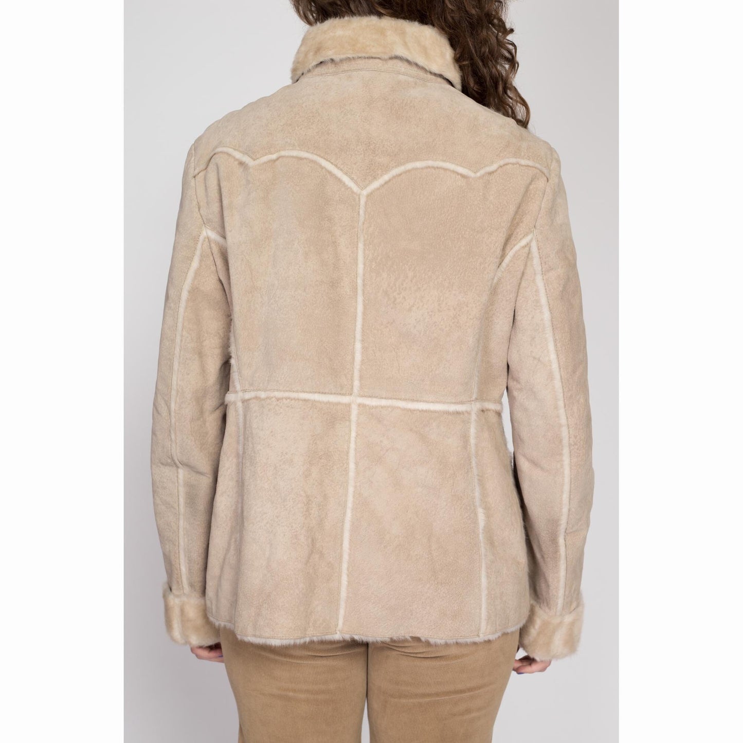 XL Y2K Guess Tan Suede Shearling Coat | Vintage Zip Up Patchwork Leather Faux Fur Lined Jacket