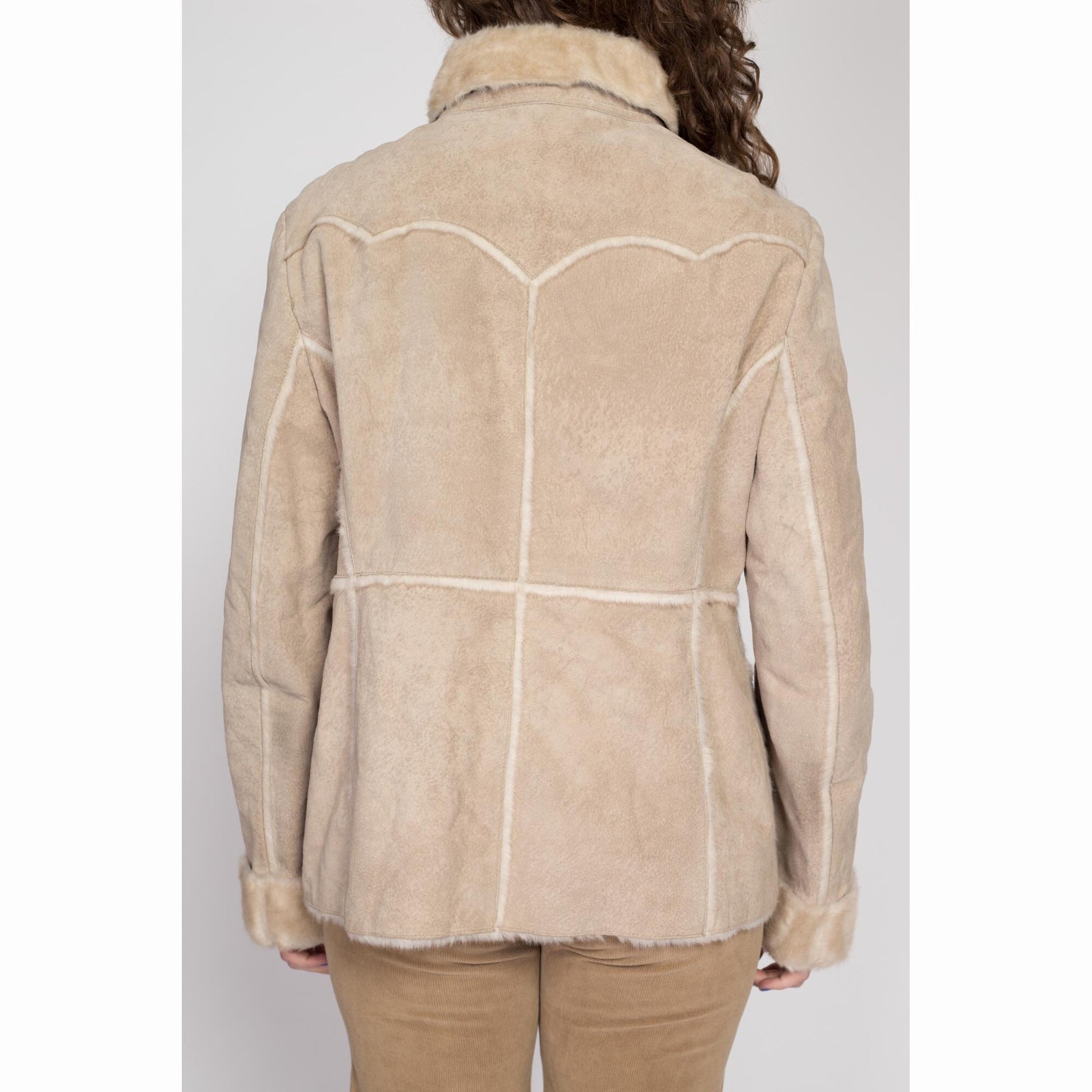 XL Y2K Guess Tan Suede Shearling Coat | Vintage Zip Up Patchwork Leather Faux Fur Lined Jacket