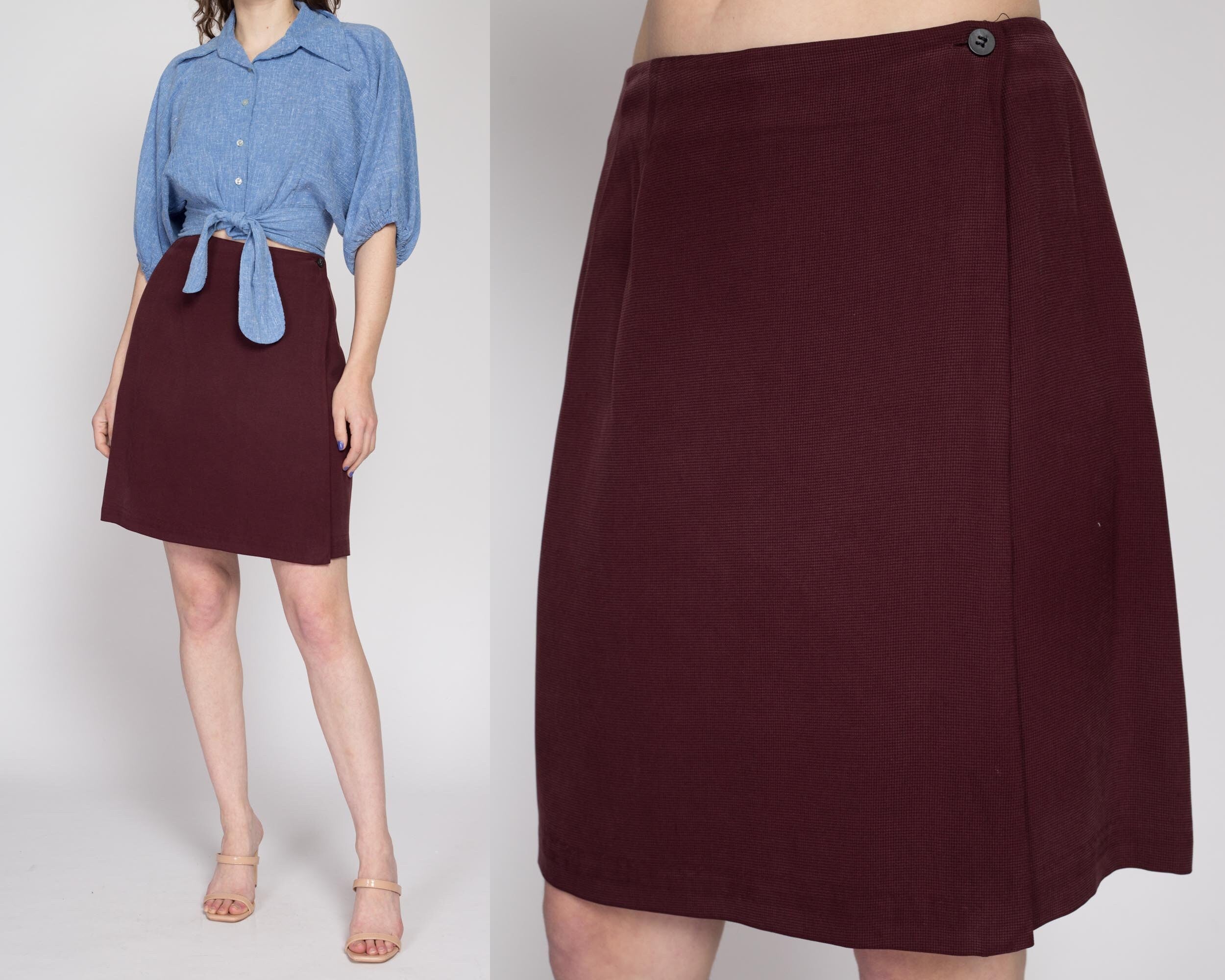 Med Lrg 90s Maroon Silk Wrap Skirt 29.5 Flying Apple Vintage