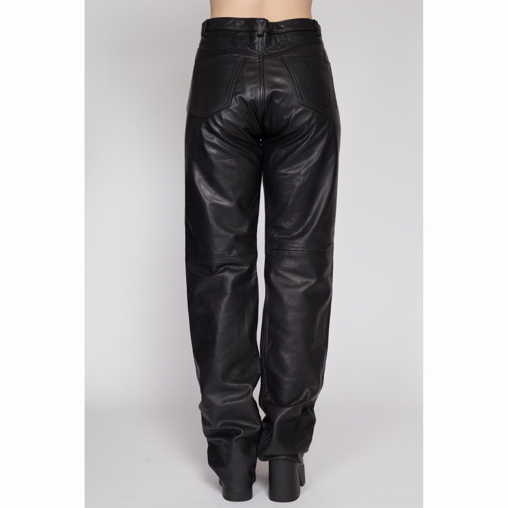 XL 90s Black Leather High Waisted Trousers | Vintage Bootcut Leg Biker Pants