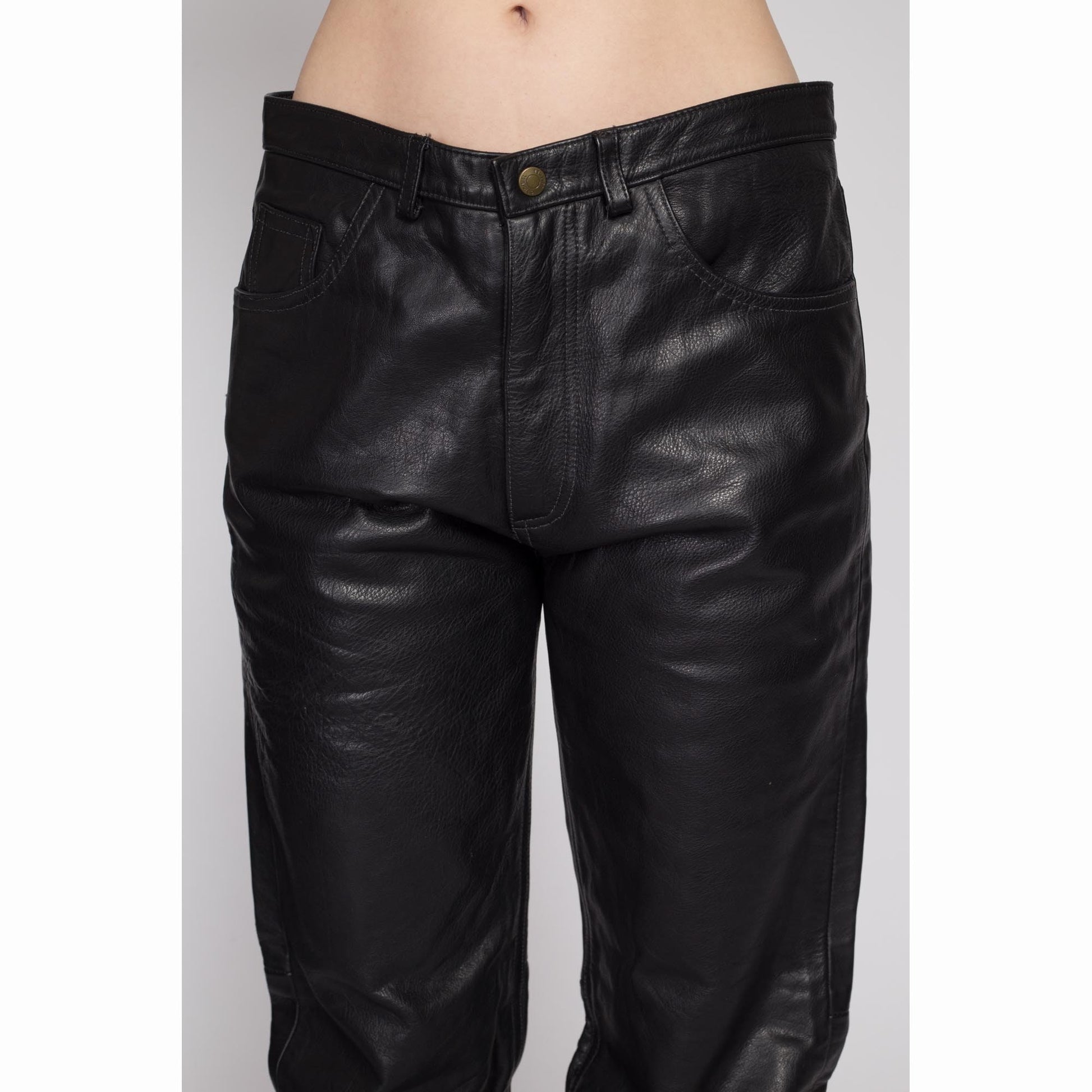 XL 90s Black Leather High Waisted Trousers | Vintage Bootcut Leg Biker Pants
