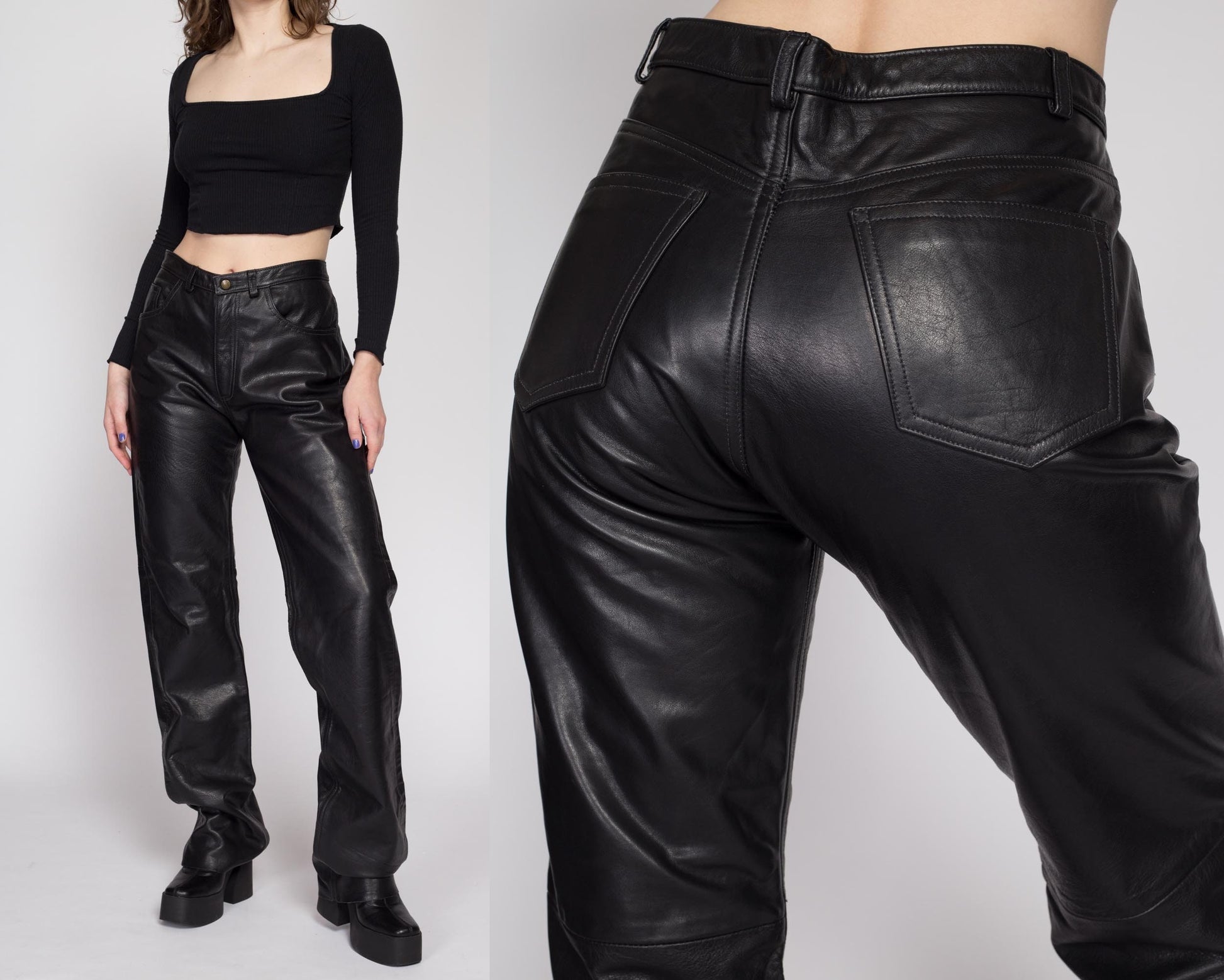 XL 90s Black Leather High Waisted Trousers | Vintage Bootcut Leg Biker Pants