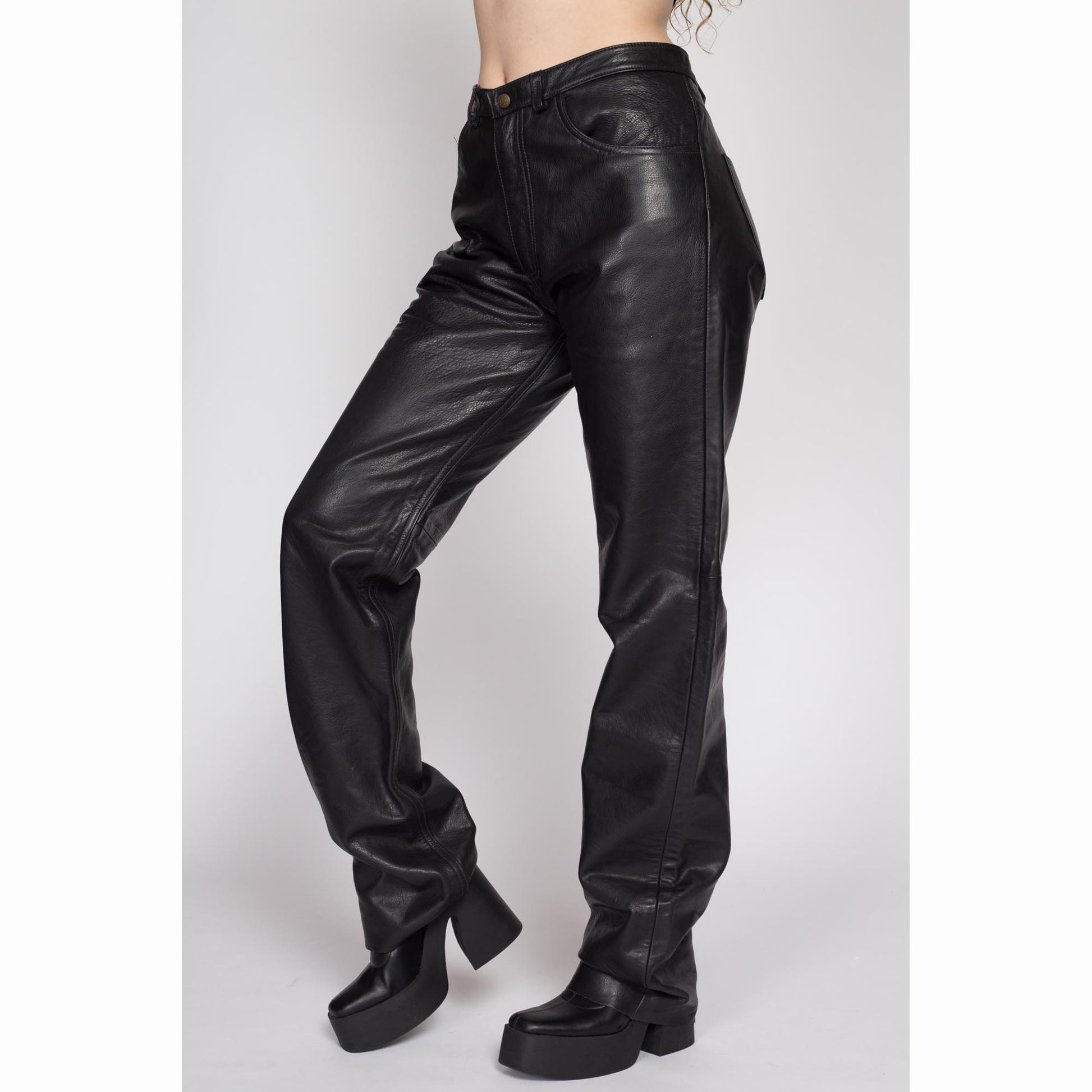 XL 90s Black Leather High Waisted Trousers | Vintage Bootcut Leg Biker Pants