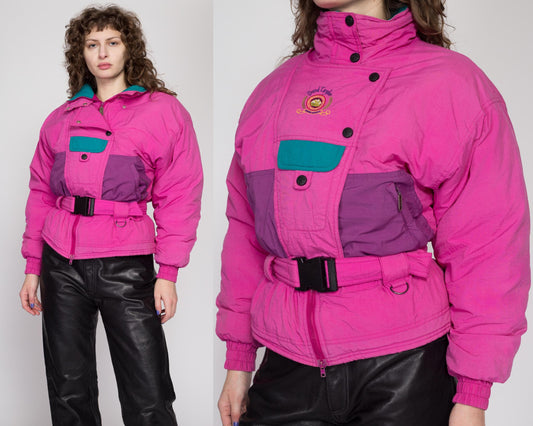 Medium 80s Pink Puffer Ski Jacket | Retro Vintage Color Block Zip Up Puffy Winter Coat