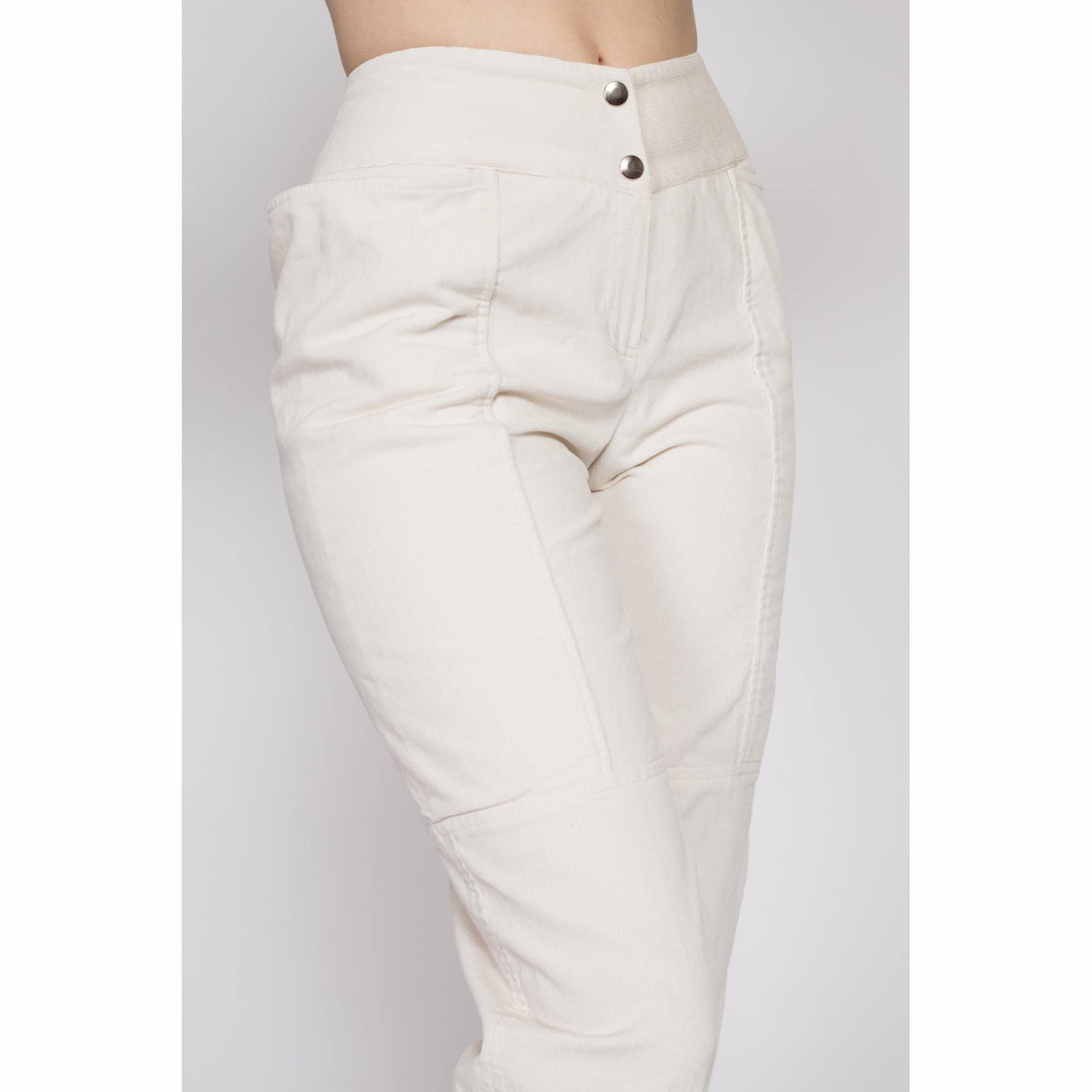 XS 80s White Corduroy Capri Pants | Vintage High Waisted Retro Cropped Ankle Trousers
