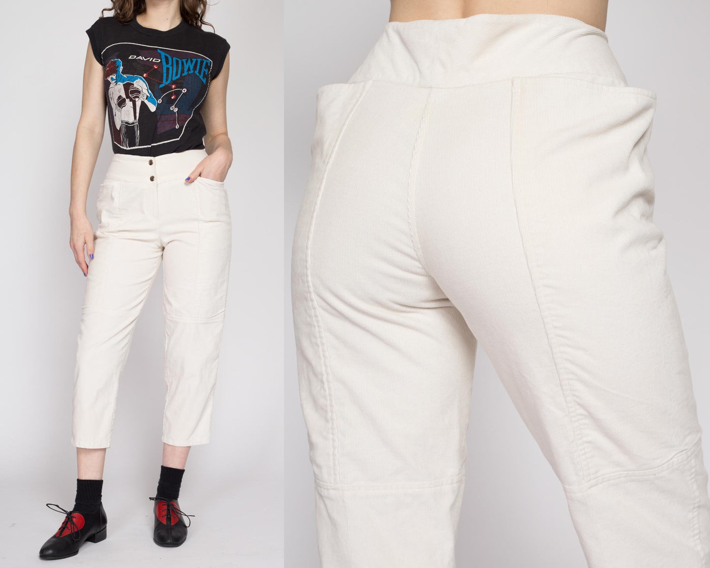 XS 80s White Corduroy Capri Pants | Vintage High Waisted Retro Cropped Ankle Trousers