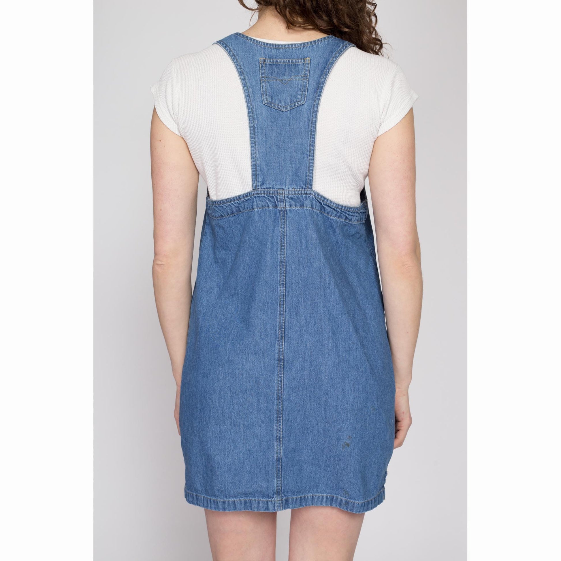 Medium 90s Denim Daisy Pinafore Mini Dress Medium 90s Denim Daisy Pinafore Mini Dress