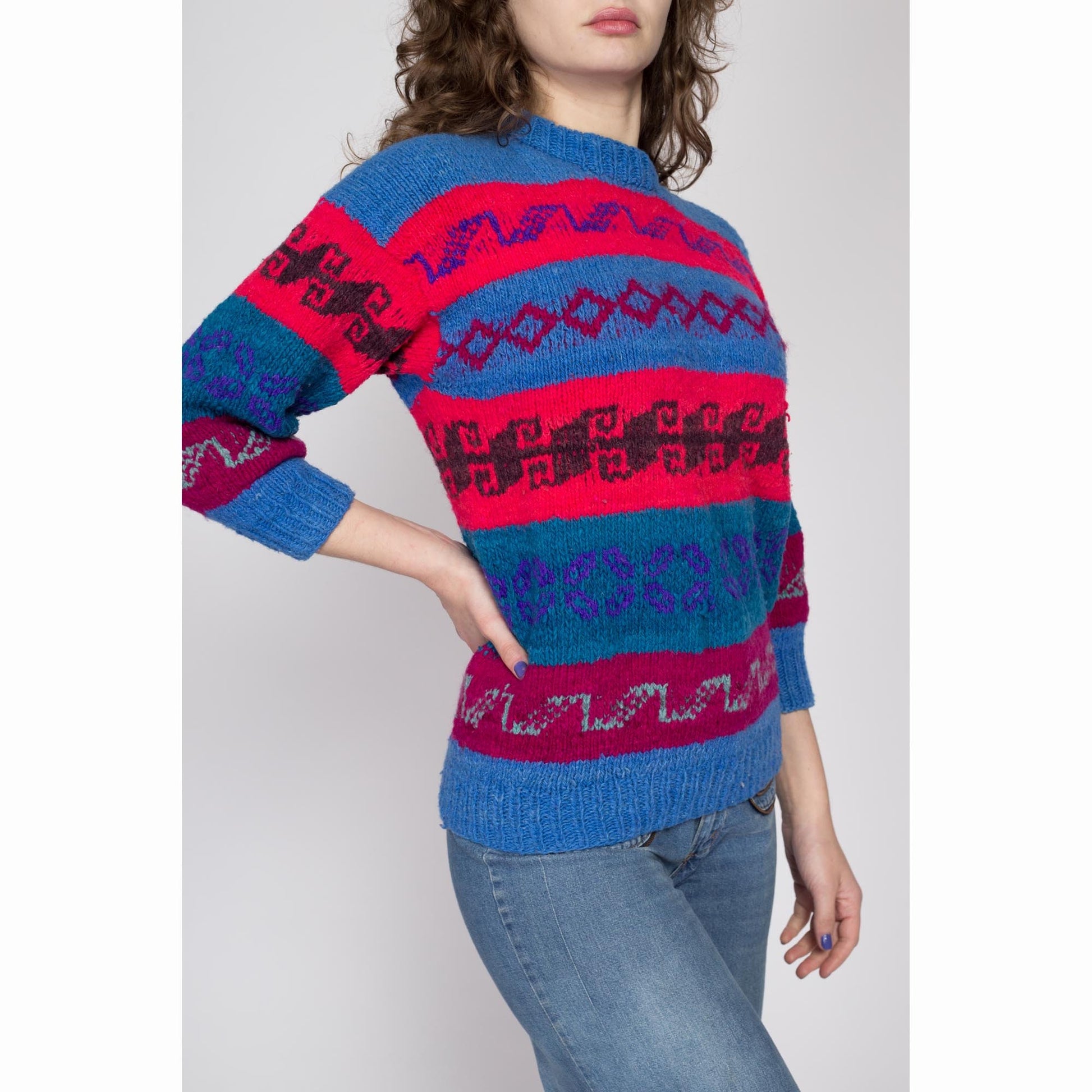 Petite Medium 70s Blue & Red Striped Lambswool Knit Sweater | Vintage Bolivian Wool Mockneck Pullover Jumper