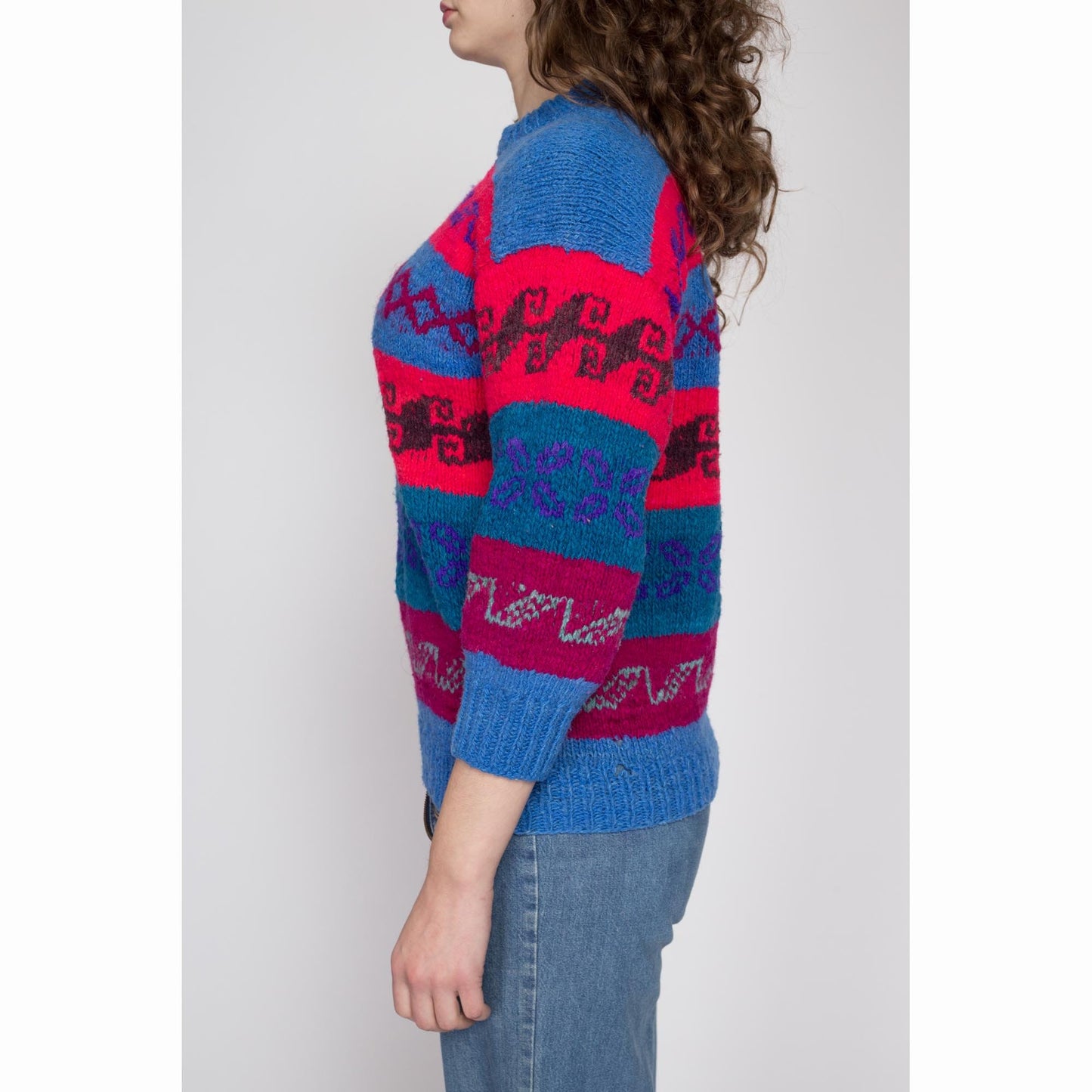 Petite Medium 70s Blue & Red Striped Lambswool Knit Sweater | Vintage Bolivian Wool Mockneck Pullover Jumper