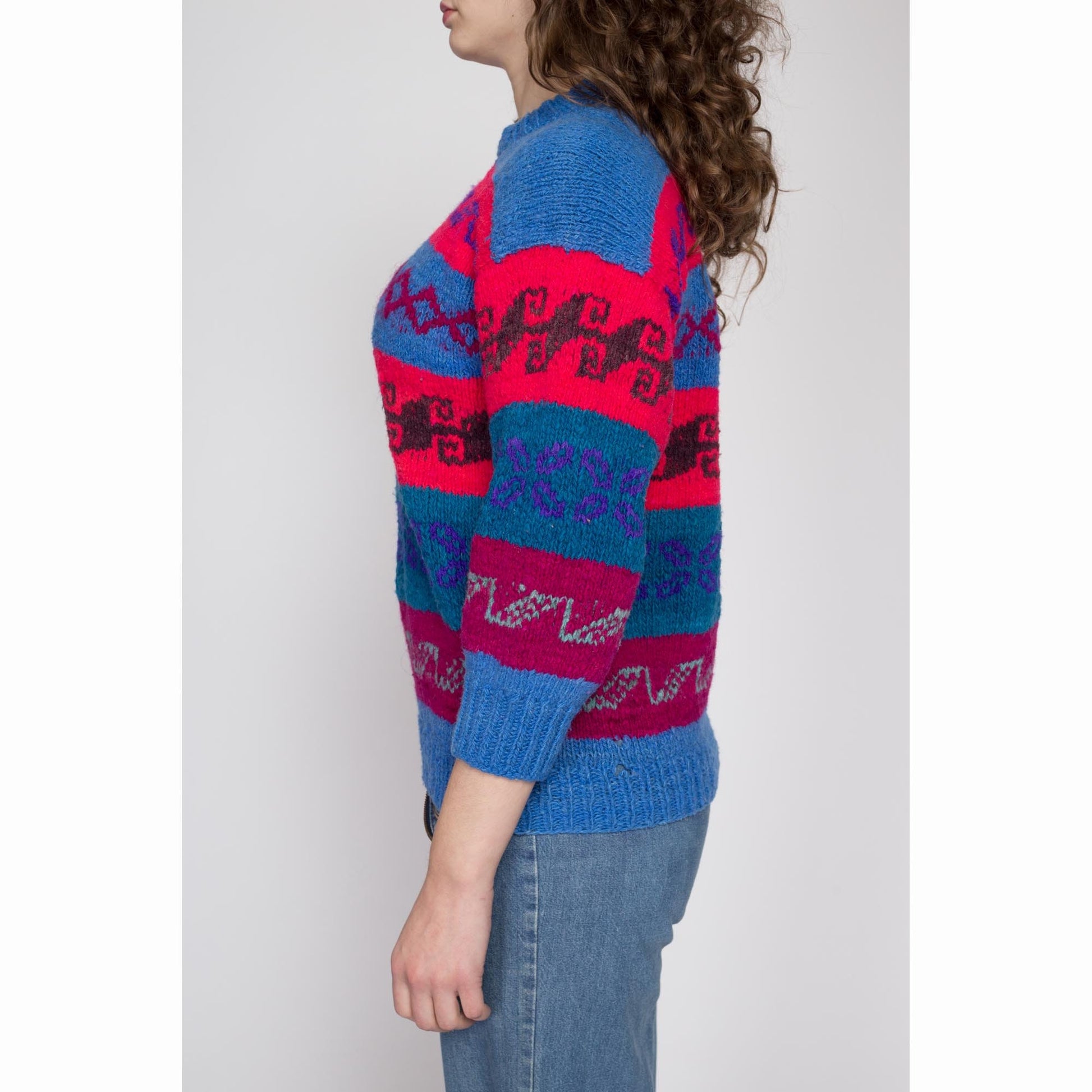 Petite Medium 70s Blue & Red Striped Lambswool Knit Sweater | Vintage Bolivian Wool Mockneck Pullover Jumper