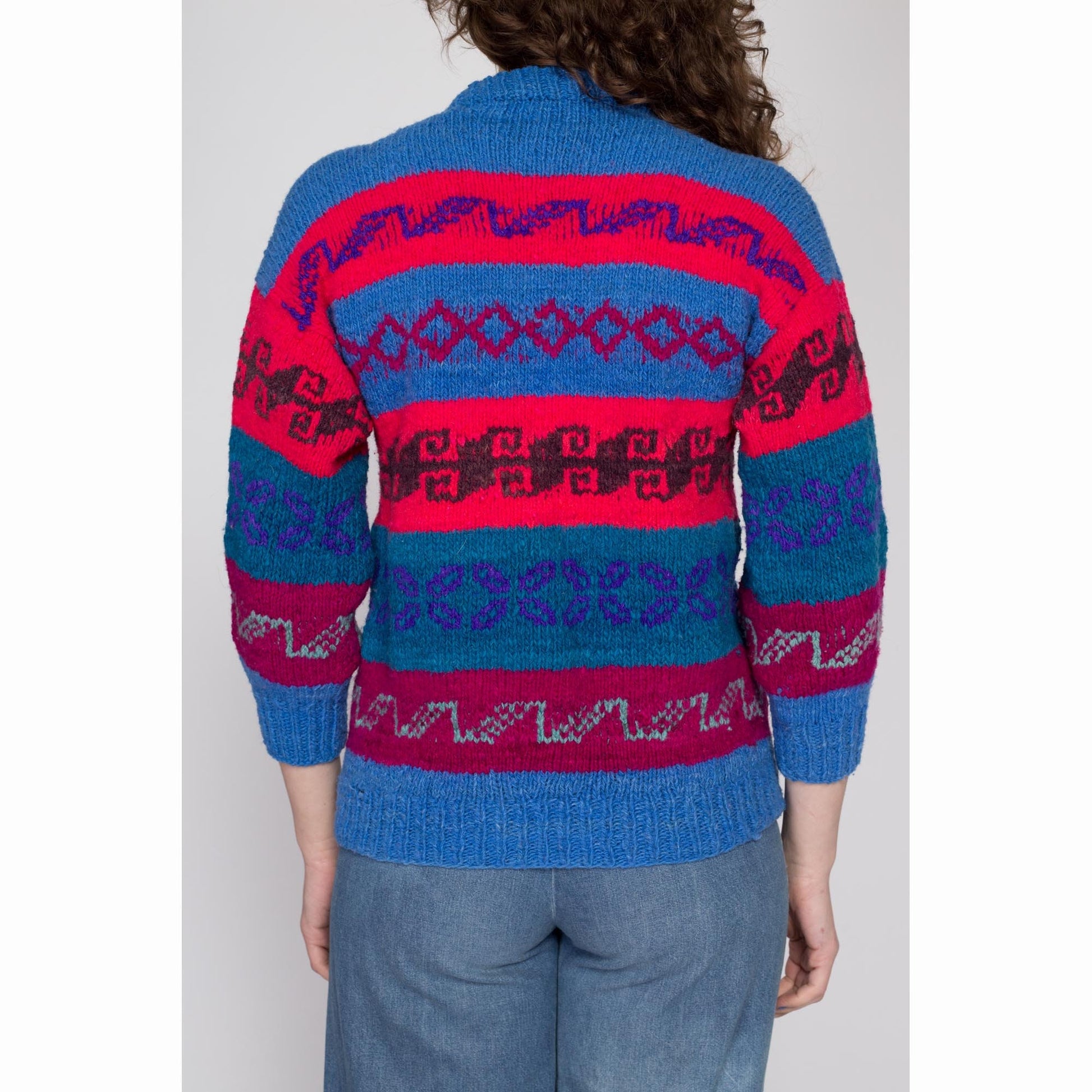 Petite Medium 70s Blue & Red Striped Lambswool Knit Sweater | Vintage Bolivian Wool Mockneck Pullover Jumper