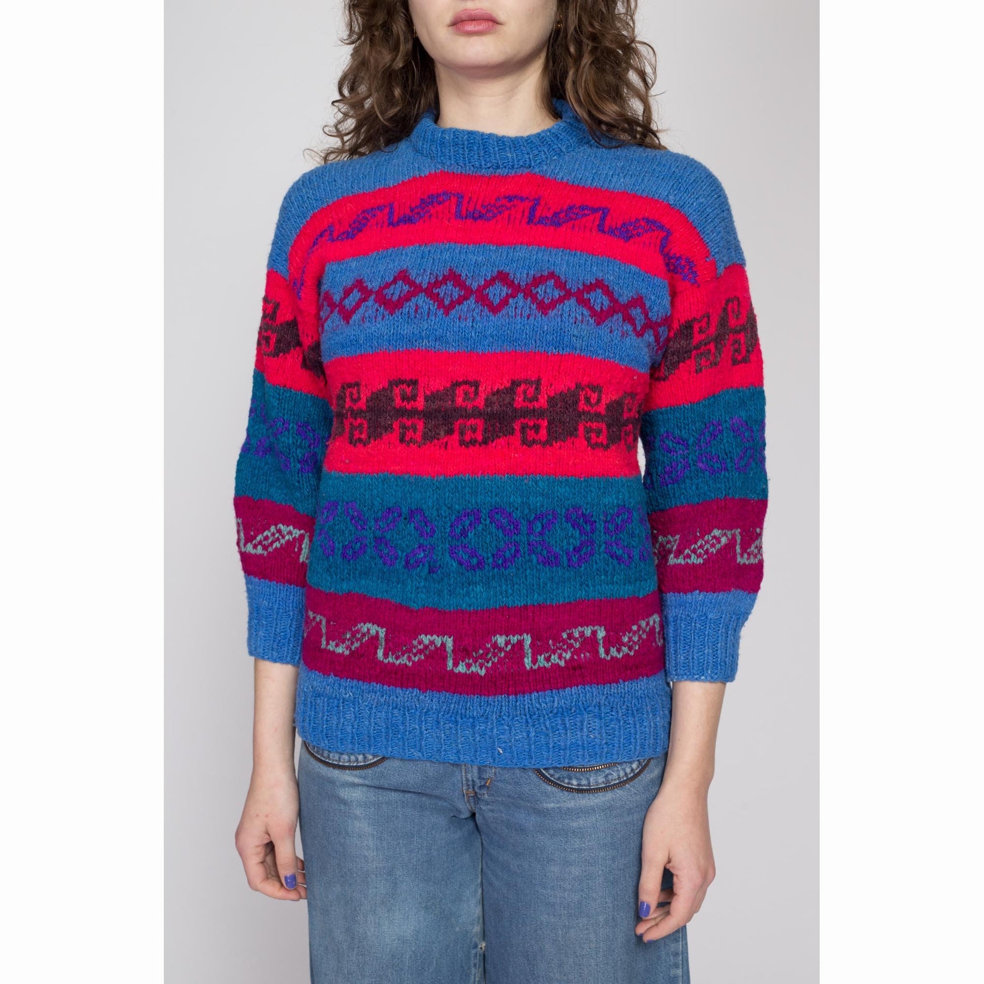 Petite Medium 70s Blue & Red Striped Lambswool Knit Sweater | Vintage Bolivian Wool Mockneck Pullover Jumper