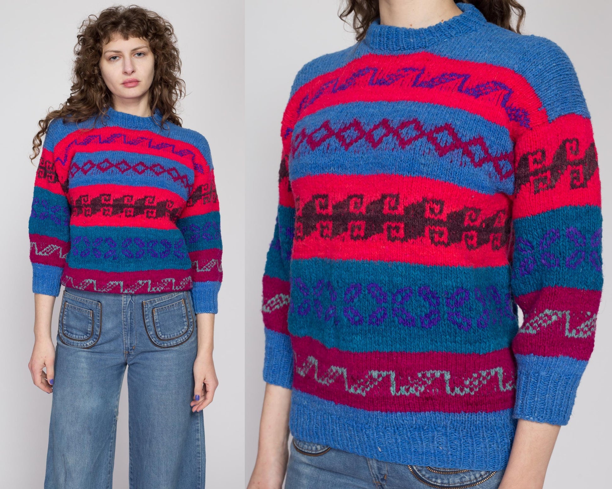 Petite Medium 70s Blue & Red Striped Lambswool Knit Sweater | Vintage Bolivian Wool Mockneck Pullover Jumper
