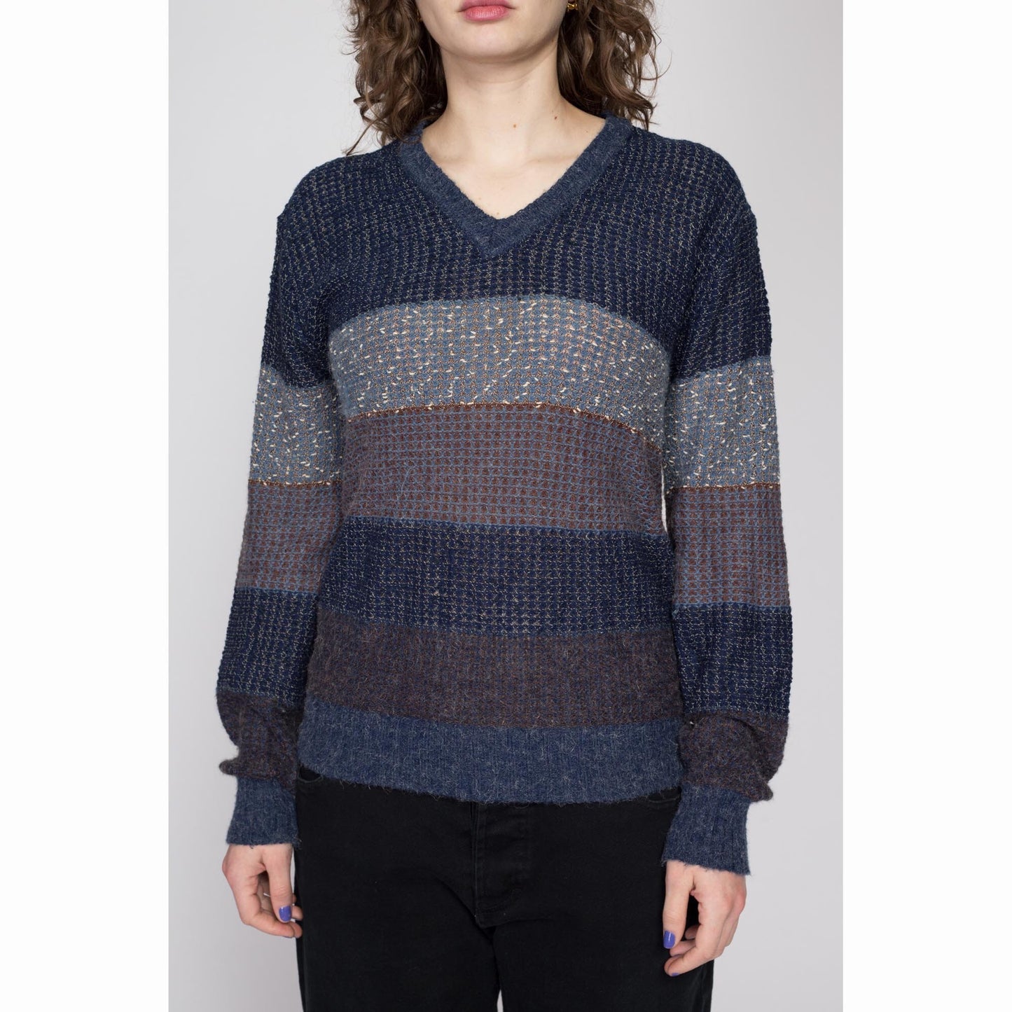 Large 80s Navy Blue Striped Knit Sweater | Vintage Preppy V Neck Slouchy Open Weave Pullover
