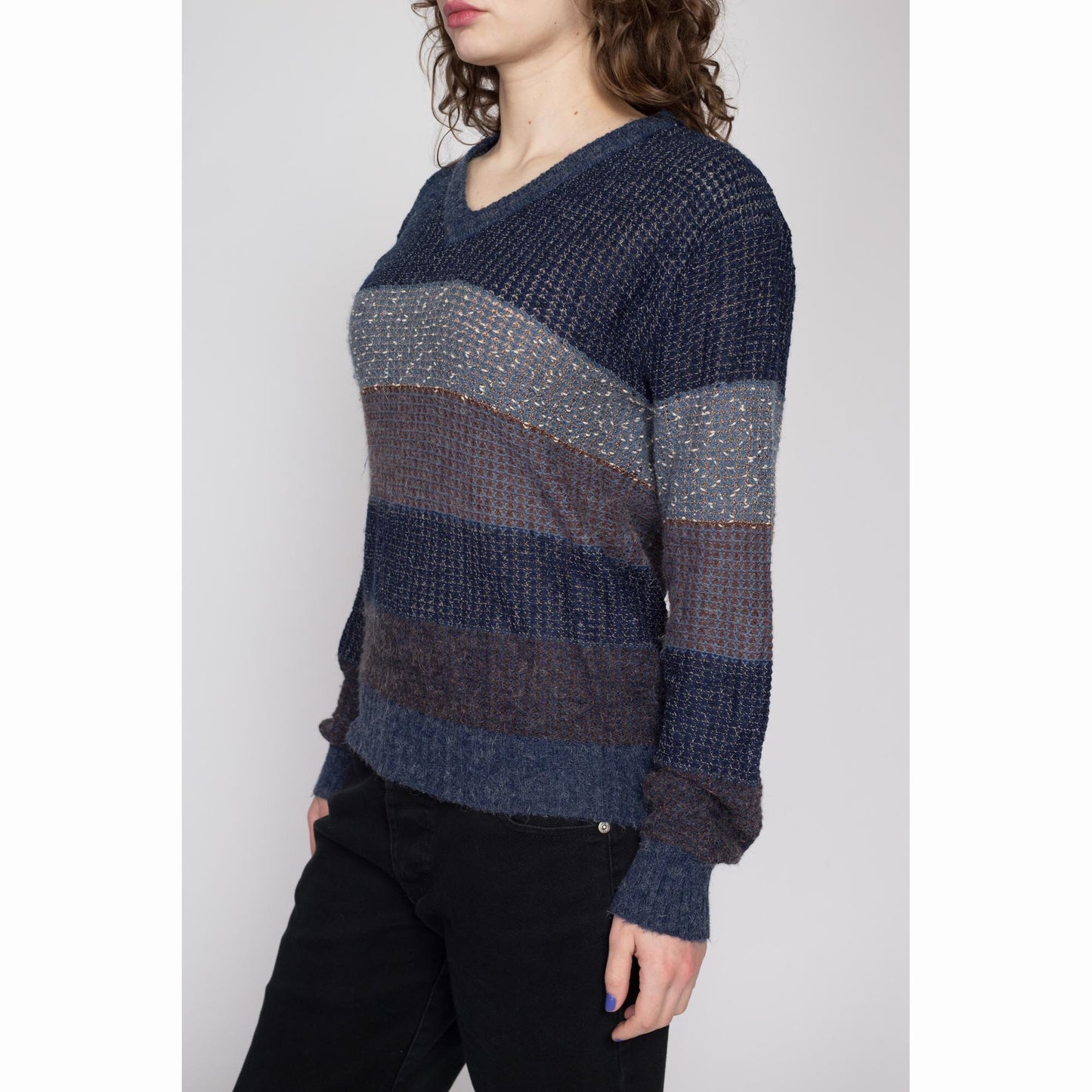 Large 80s Navy Blue Striped Knit Sweater | Vintage Preppy V Neck Slouchy Open Weave Pullover