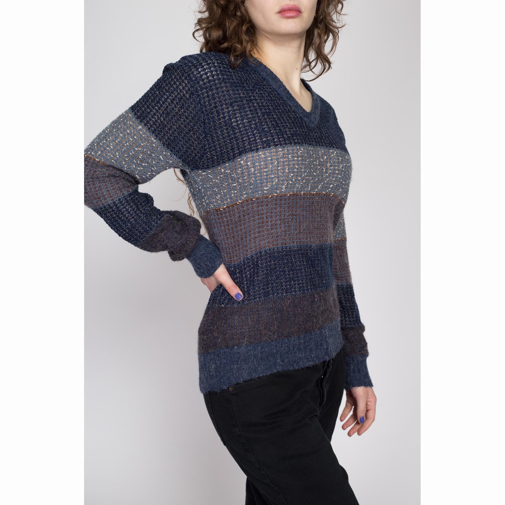 Large 80s Navy Blue Striped Knit Sweater | Vintage Preppy V Neck Slouchy Open Weave Pullover