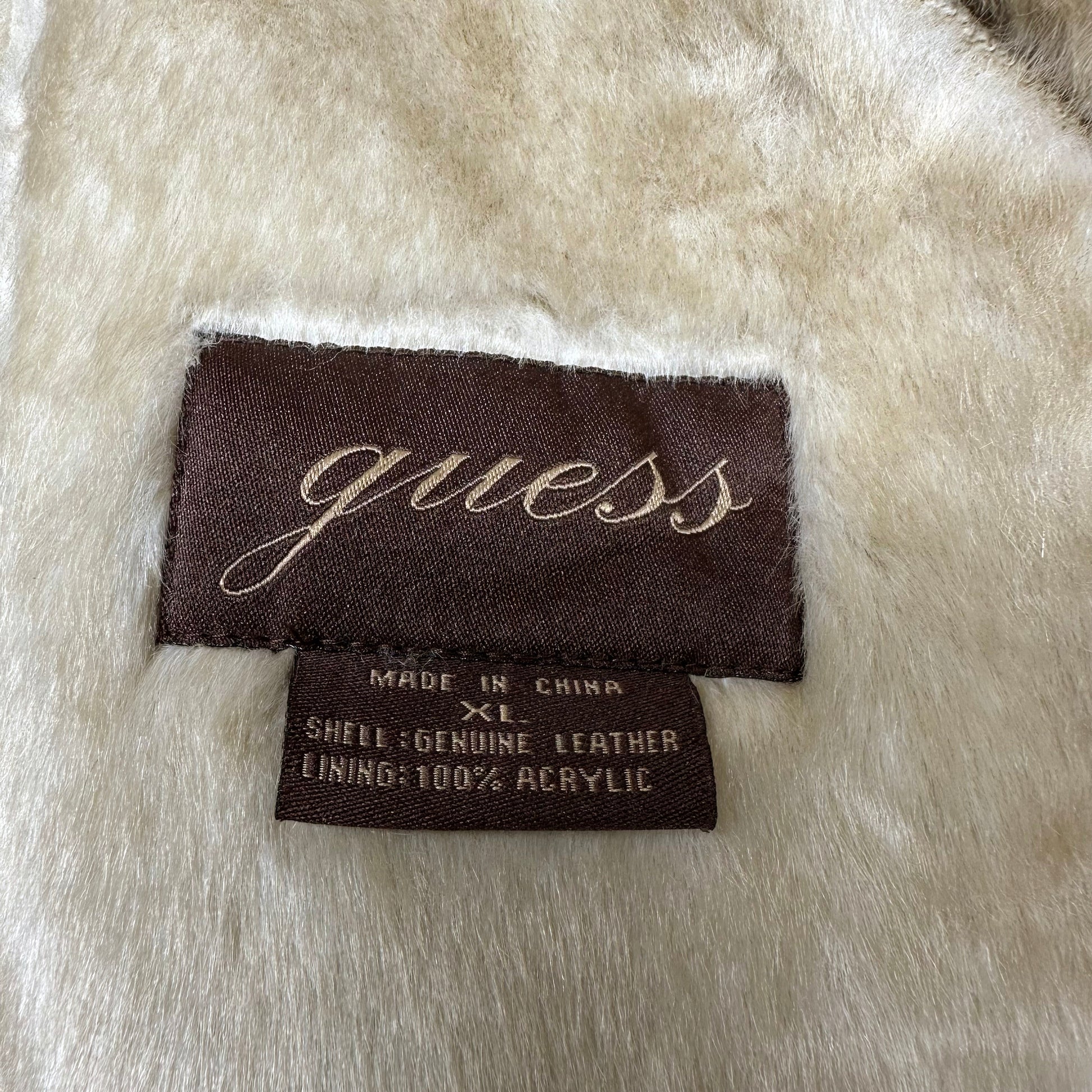 XL Y2K Guess Tan Suede Shearling Coat | Vintage Zip Up Patchwork Leather Faux Fur Lined Jacket