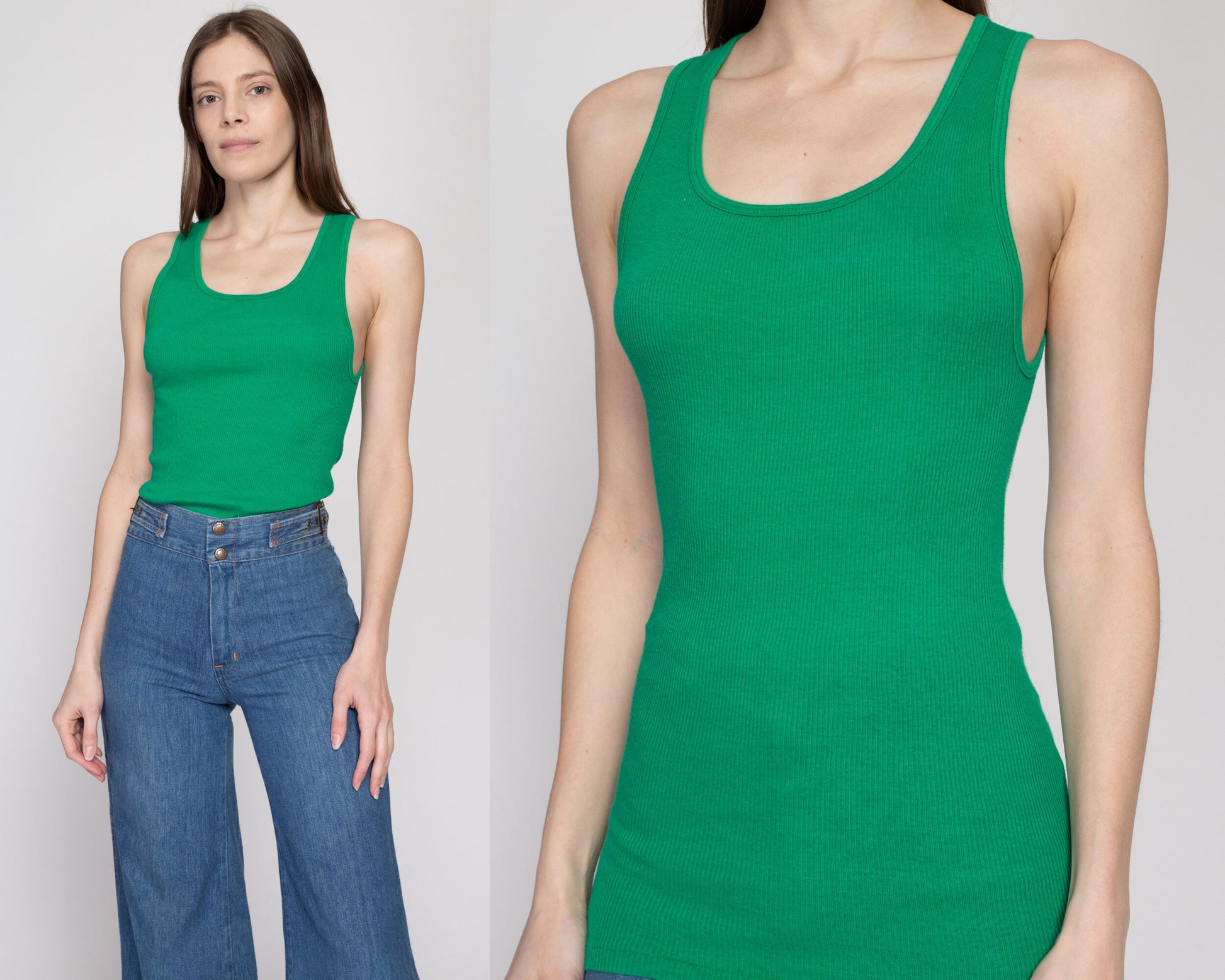 Sm-Lrg 80s Plain Green Undershirt Muscle Tank | Vintage Soft Combed Cotton Ribbed Sleeveless Top