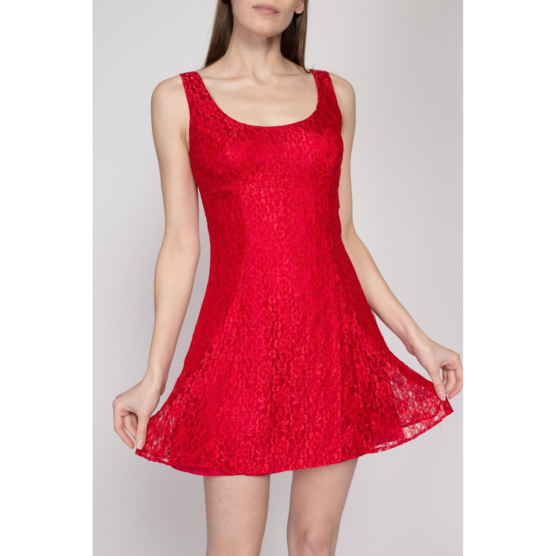 Small 90s Red Lace Mini Party Dress | Vintage Roberta Fit & Flare Sleeveless Scoop Neck Skater Dress