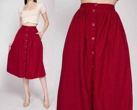 XS 70s Red Wool Blend Button Front Midi Skirt 23" | Vintage High Waist Preppy Long Pocket Skirt