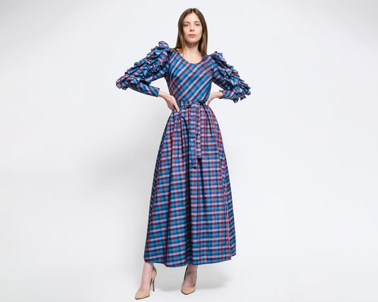 Small 80s Blue & Purple Plaid Ruffle Puff Sleeve Gown | Vintage Maximalist Fit Flare Long Sleeve Formal Maxi Dress