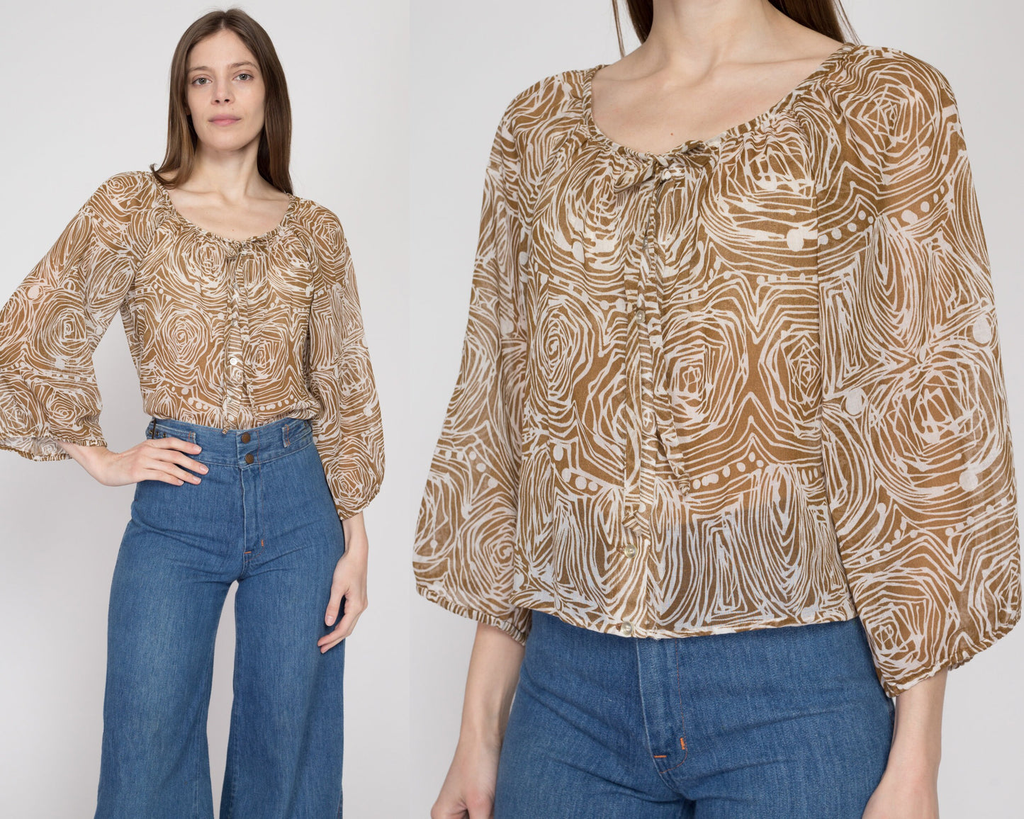 Med-Lrg 70s Boho Sheer Abstract Print Balloon Sleeve Blouse | Vintage Brown White Button Up Hippie Shirt
