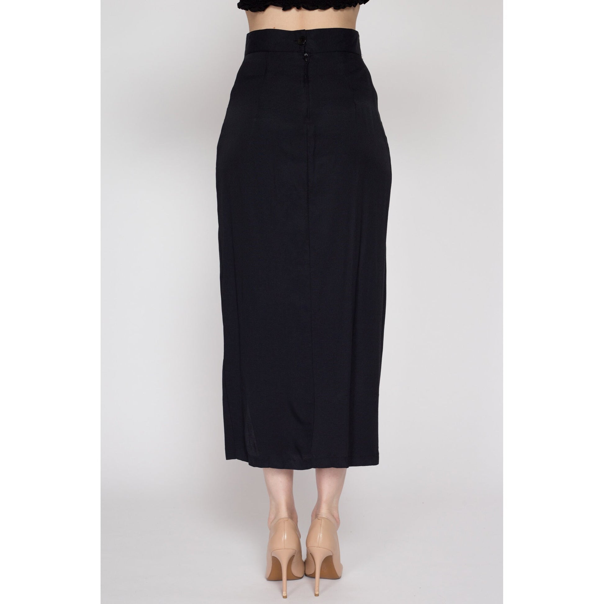 Small 90s Black High Slit Frog Knot Pencil Skirt 26" | Vintage High Waisted Fitted Wiggle Maxi Skirt
