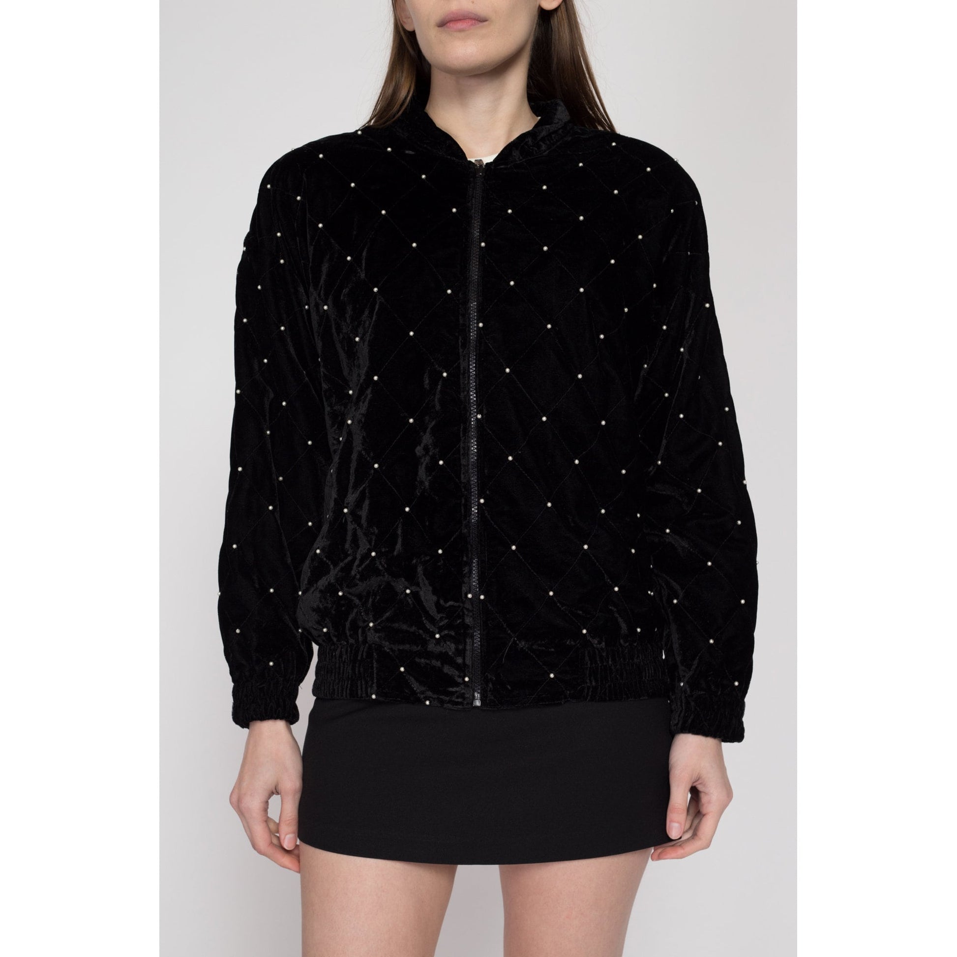 Small 80s Quilted Black Velvet Jacket | Vintage Retro Pearl Beaded Bomber Coat