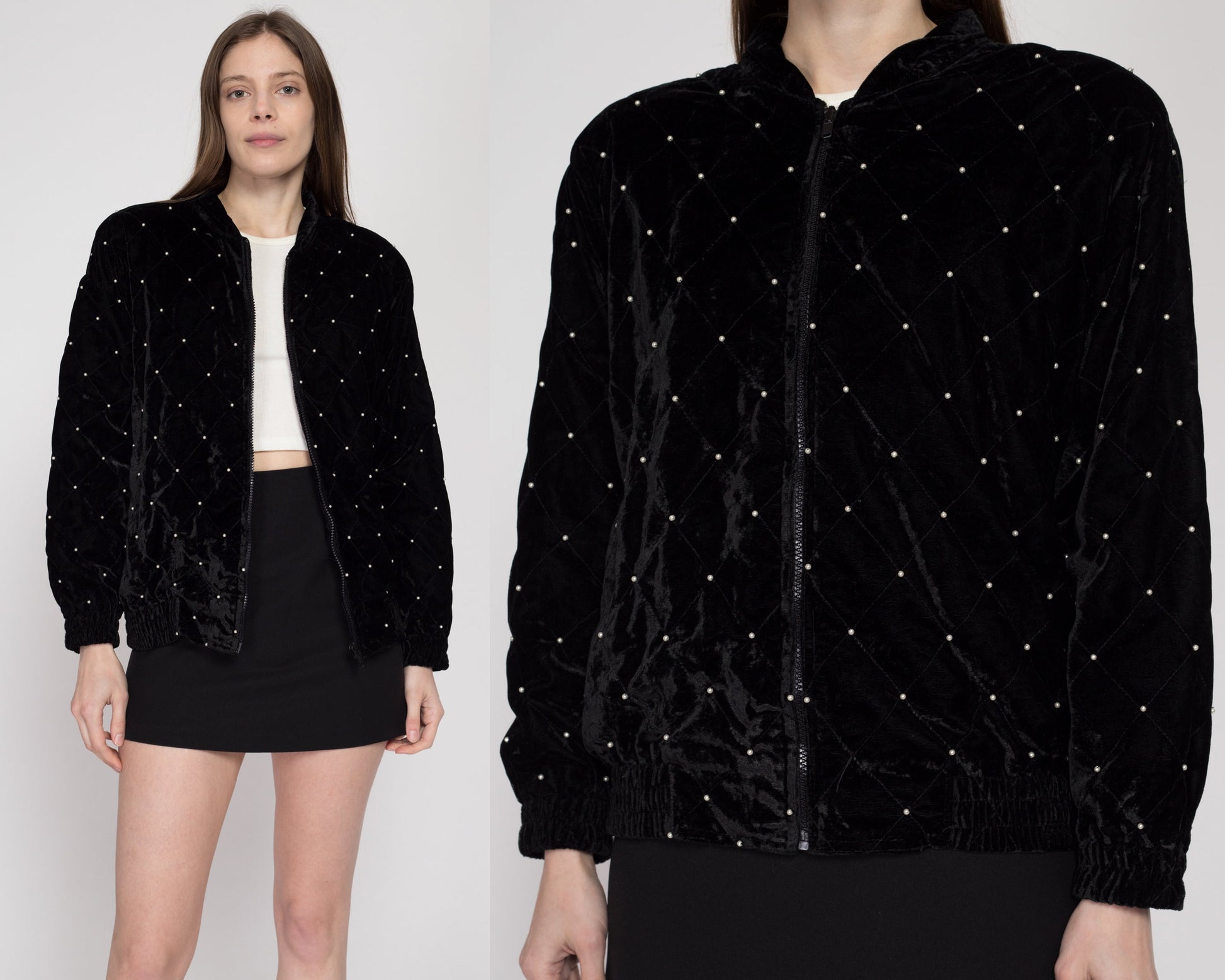 Small 80s Quilted Black Velvet Jacket | Vintage Retro Pearl Beaded Bomber Coat