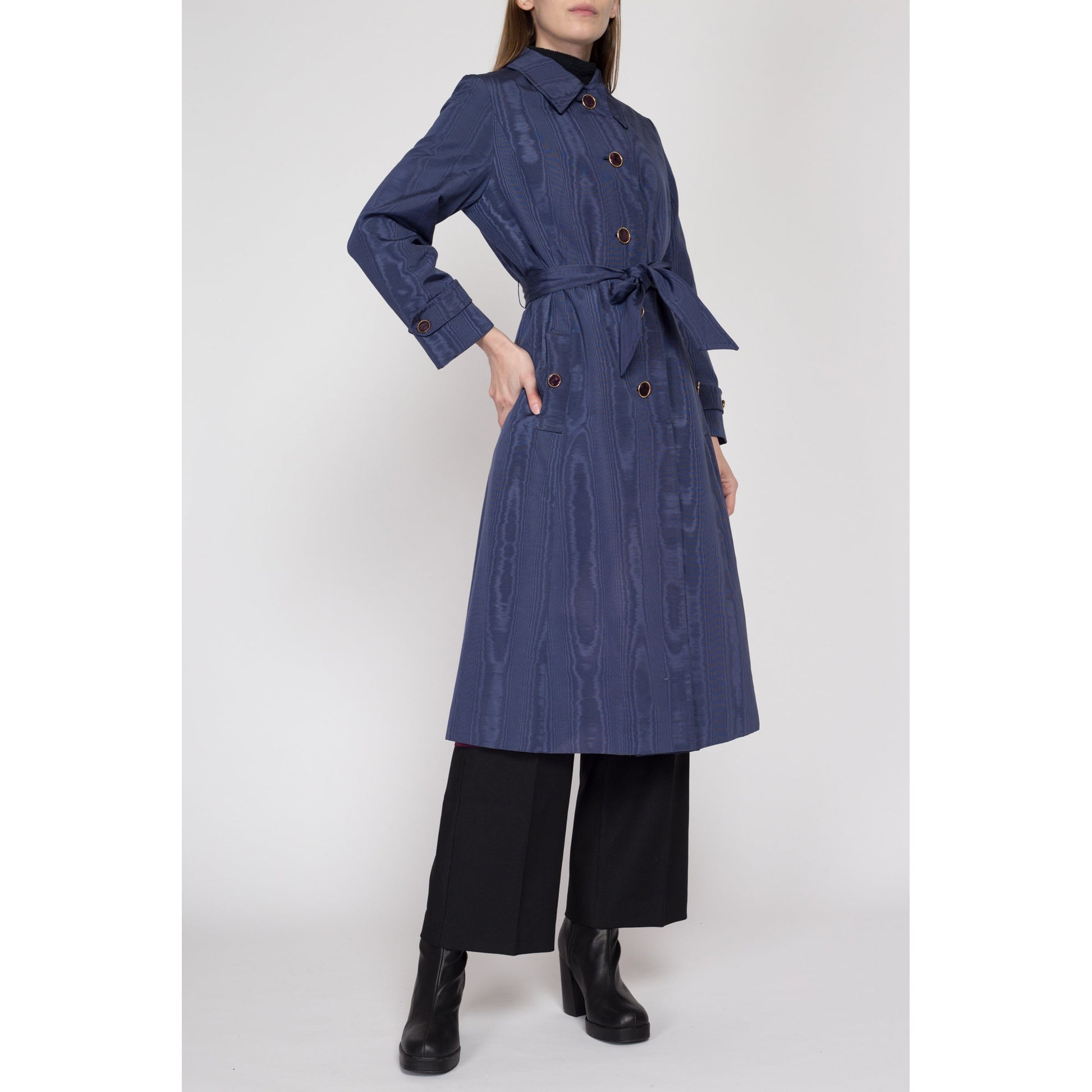 Small 70s Count Romi Slate Blue Moire Belted Trench Coat | Vintage Wood Grain Pattern Single Breasted Button Up Mid Length Jacket