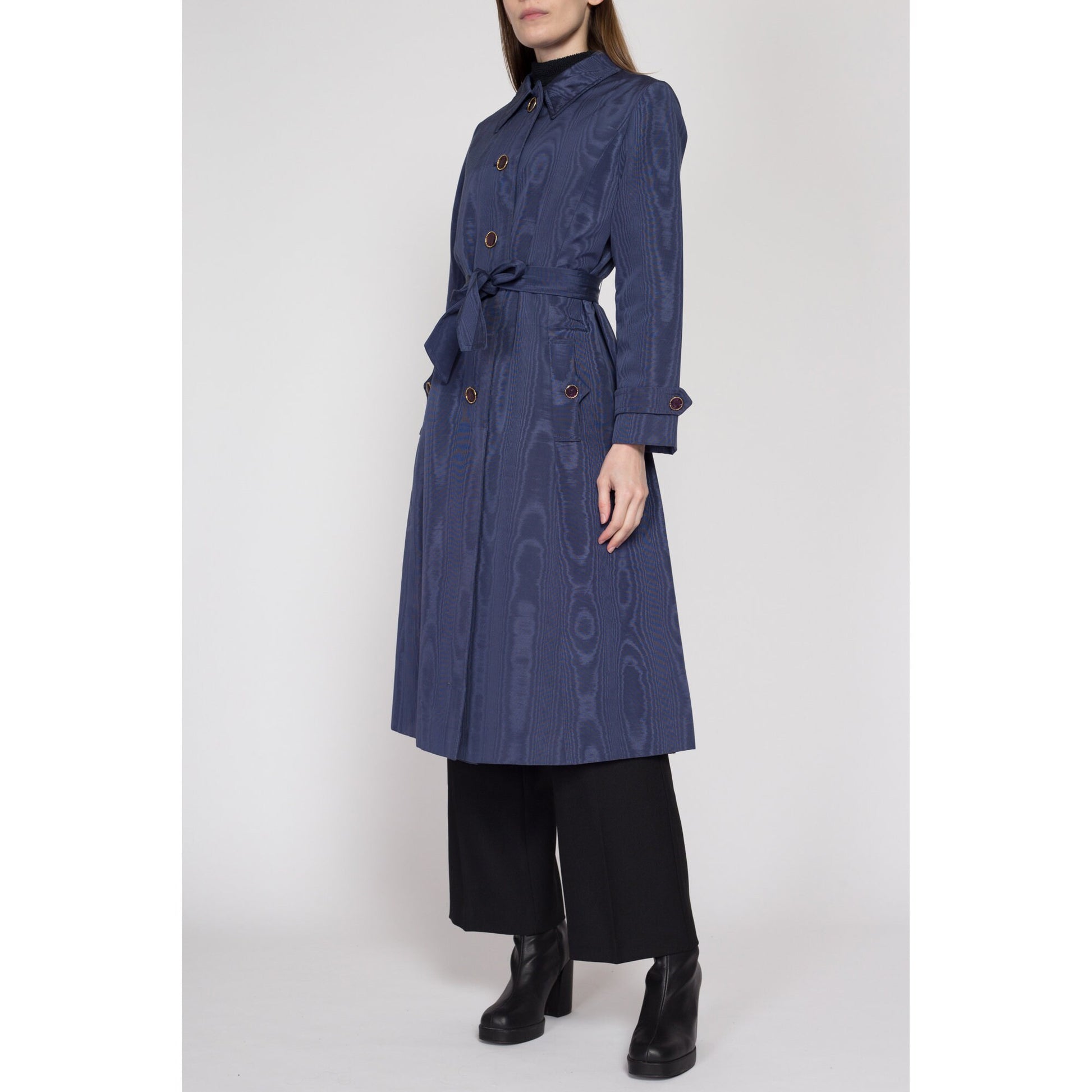 Small 70s Count Romi Slate Blue Moire Belted Trench Coat | Vintage Wood Grain Pattern Single Breasted Button Up Mid Length Jacket