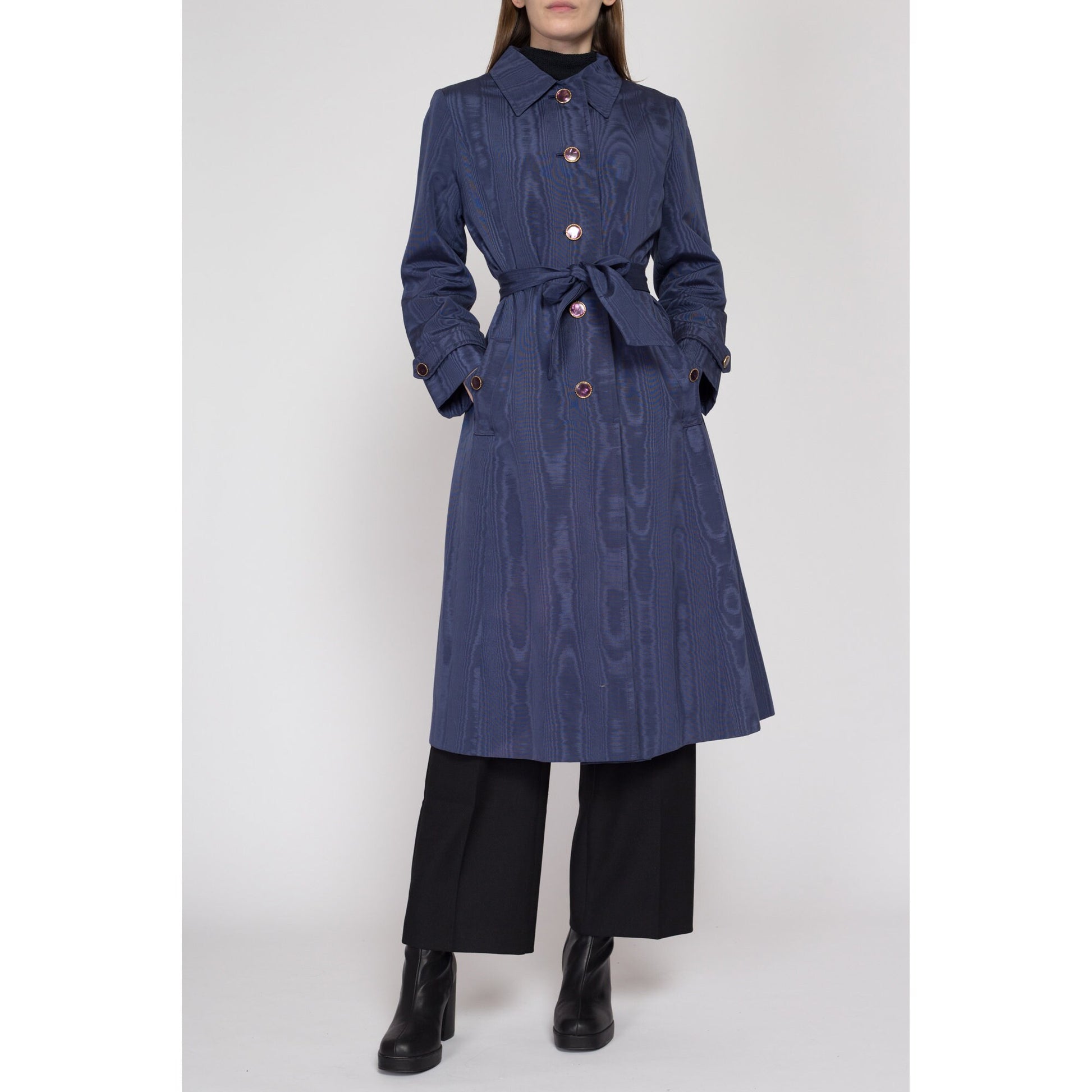 Small 70s Count Romi Slate Blue Moire Belted Trench Coat | Vintage Wood Grain Pattern Single Breasted Button Up Mid Length Jacket