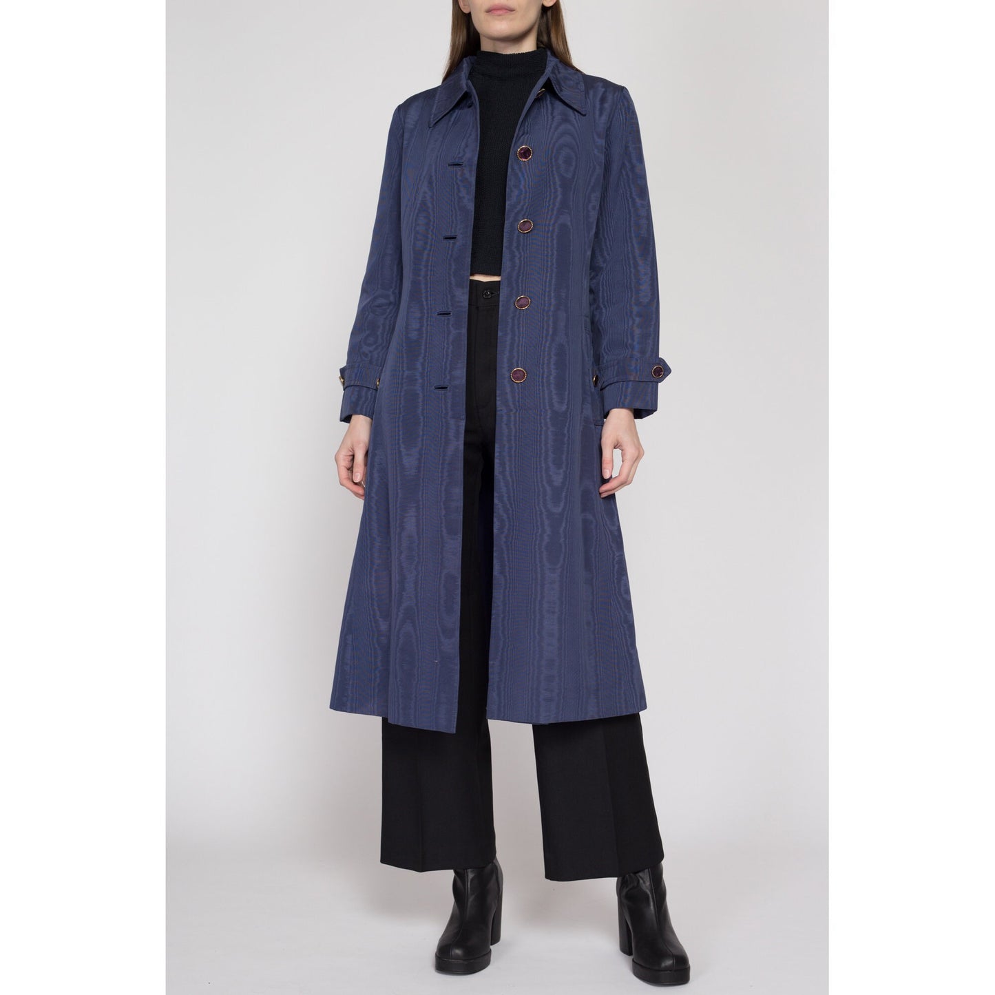 Small 70s Count Romi Slate Blue Moire Belted Trench Coat | Vintage Wood Grain Pattern Single Breasted Button Up Mid Length Jacket