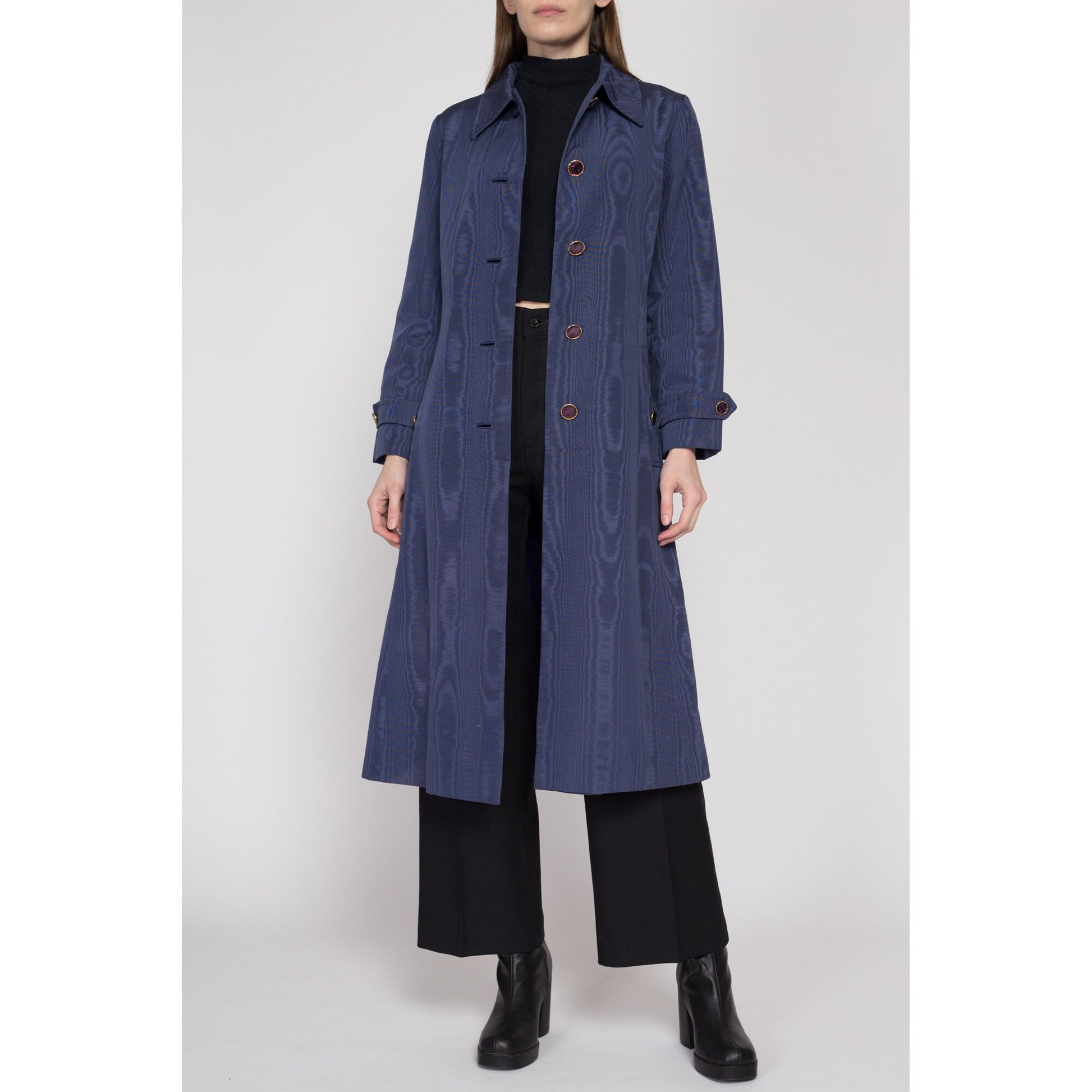 Small 70s Count Romi Slate Blue Moire Belted Trench Coat | Vintage Wood Grain Pattern Single Breasted Button Up Mid Length Jacket