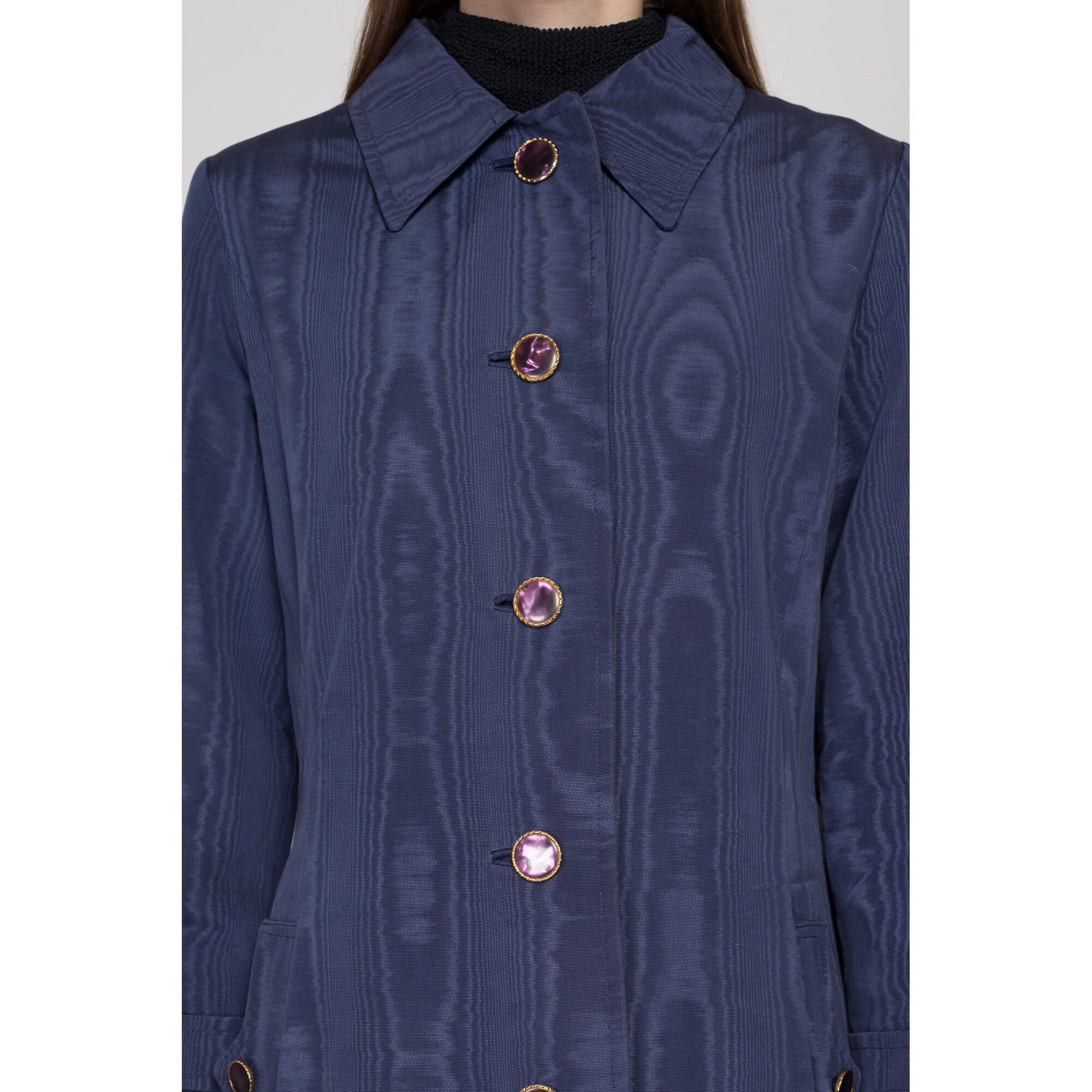 Small 70s Count Romi Slate Blue Moire Belted Trench Coat | Vintage Wood Grain Pattern Single Breasted Button Up Mid Length Jacket