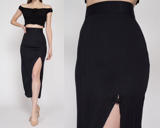 Small 90s Black High Slit Frog Knot Pencil Skirt 26" | Vintage High Waisted Fitted Wiggle Maxi Skirt