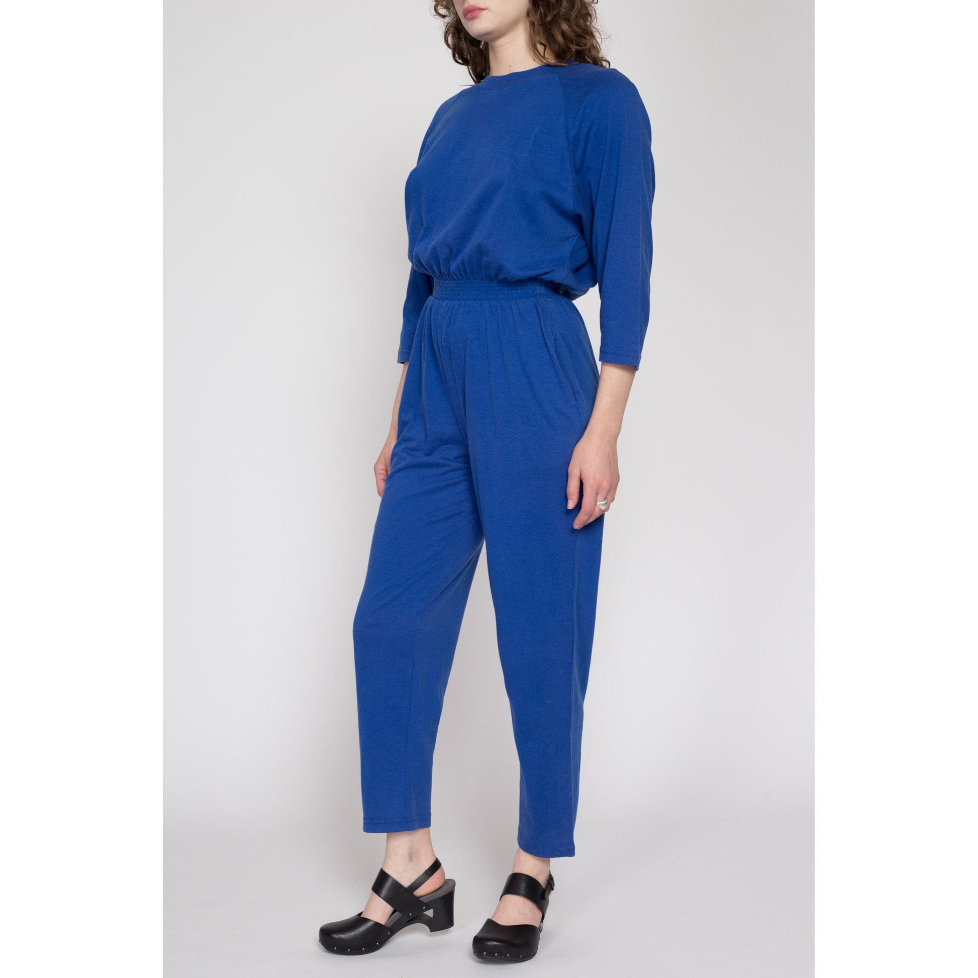 Small 80s Blue Loungewear Jumpsuit | Vintage Elastic Waist 3/4 Batwing Sleeve Jersey Pantsuit Outfit