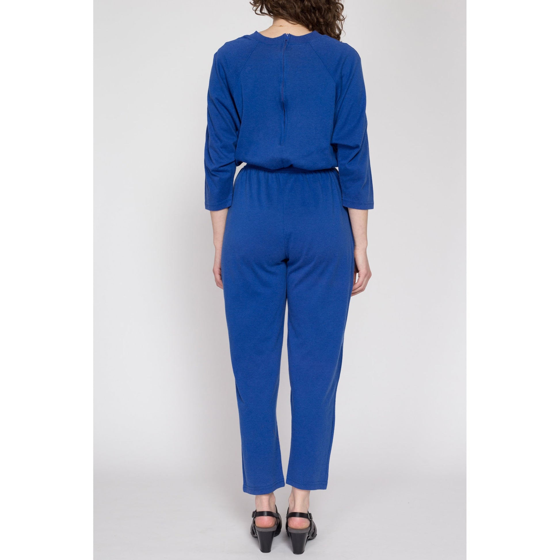Small 80s Blue Loungewear Jumpsuit | Vintage Elastic Waist 3/4 Batwing Sleeve Jersey Pantsuit Outfit