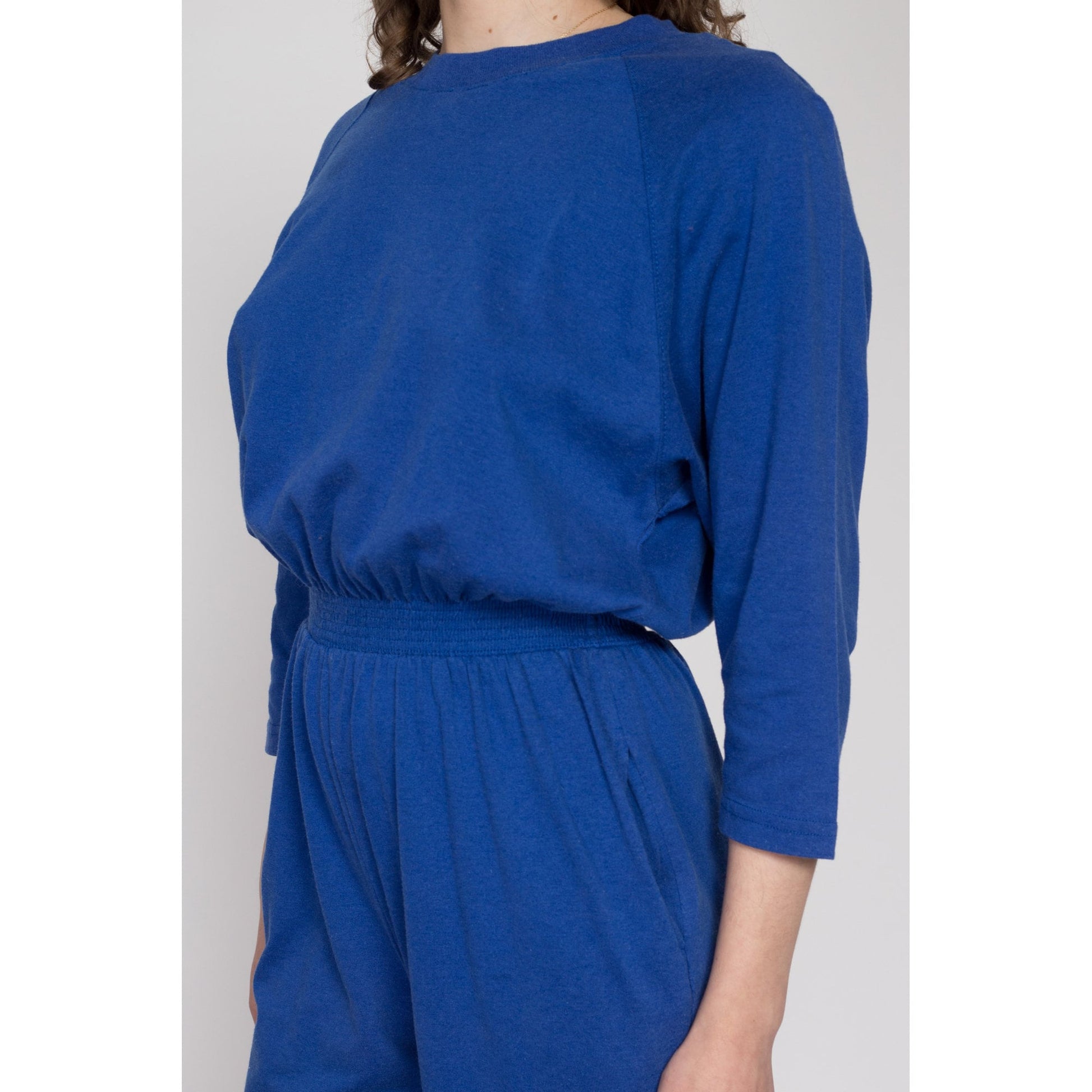 Small 80s Blue Loungewear Jumpsuit | Vintage Elastic Waist 3/4 Batwing Sleeve Jersey Pantsuit Outfit