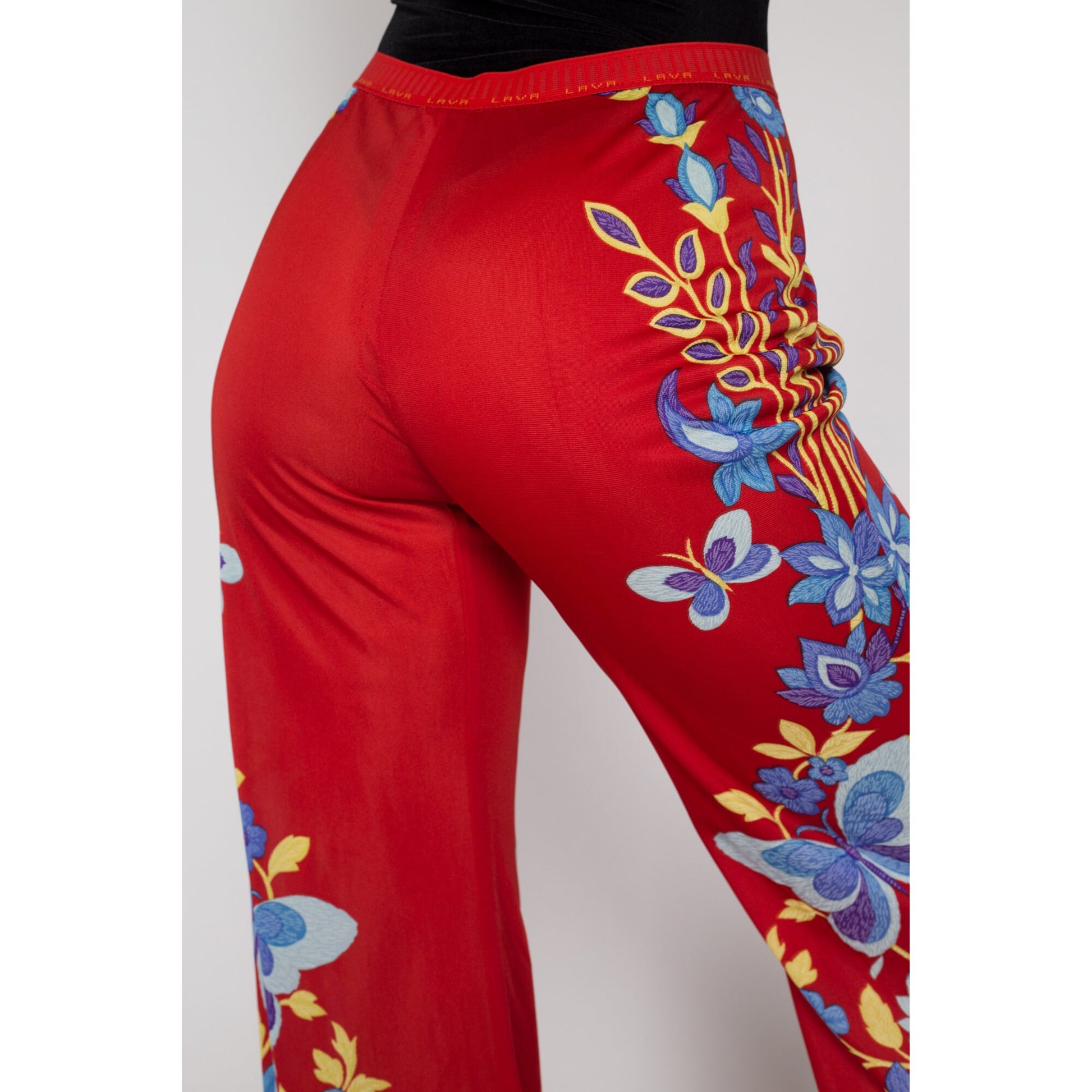 Medium 70s Red Floral & Butterfly Print Lounge Pants | Vintage High Waisted Boho Elastic Polyester Flared Trousers