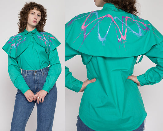 Medium 80s Teal Cameo Rose Western Capelet Shirt | Vintage Paint Splatter Graphic Collared Cape Top