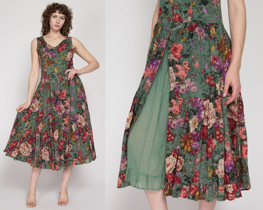 Small 90s Green Floral Gauzy Cotton Sundress | Vintage Sleeveless Summer Midi Boho Grunge Dress