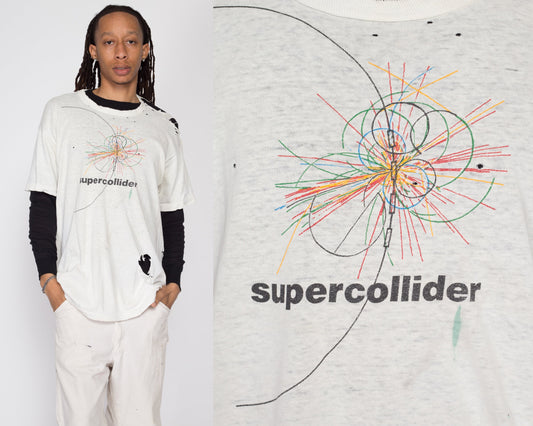 XL 90s Thrashed Super Collider T Shirt | Vintage White Distressed Science Graphic Tee